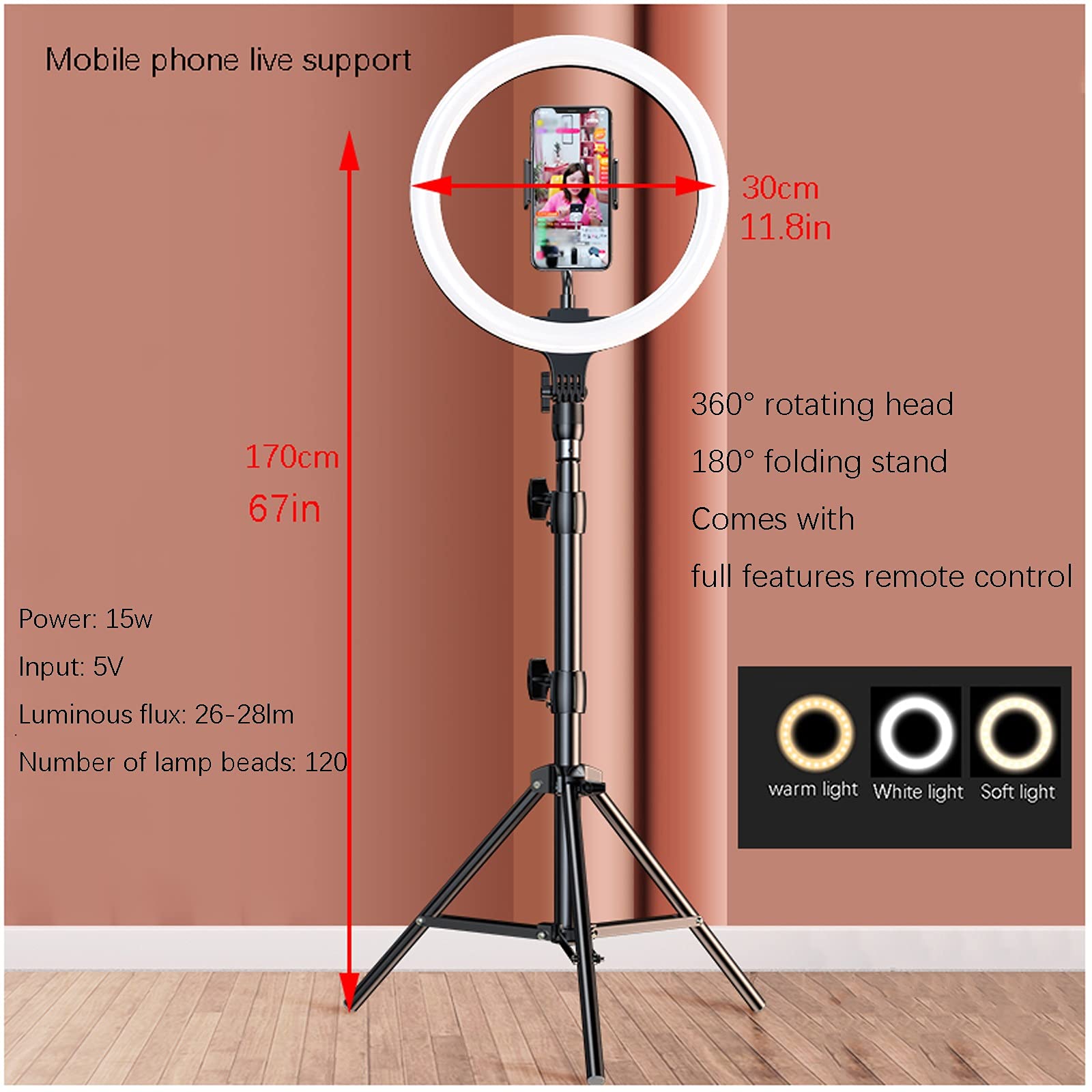 FURUIWUFENG 12-inch Adjustable Phone Stand with Ring Light & Tripod - Dimmable LED Selfie Light for Makeup, TikTok Live Streaming, YouTube Videos (Black) - Perfect for Content Creators, Vloggers & Beauty Enthusiasts