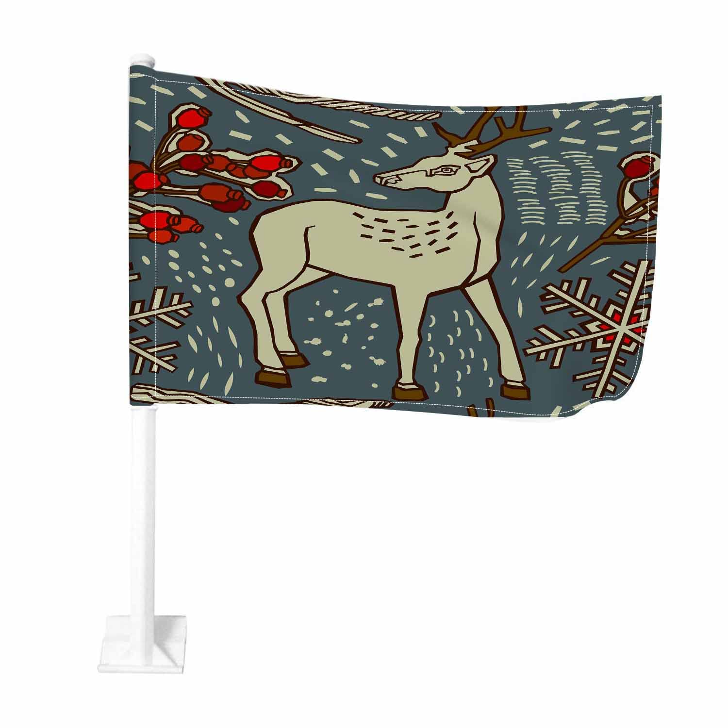 Nicokee Christmas Deer Snow Winter Car Flag - 12x18 Inch Doodle Cartoon Car Decorative Flag with Window Hooks for Family Travel, Outdoor Parties, and Holiday Road Trips