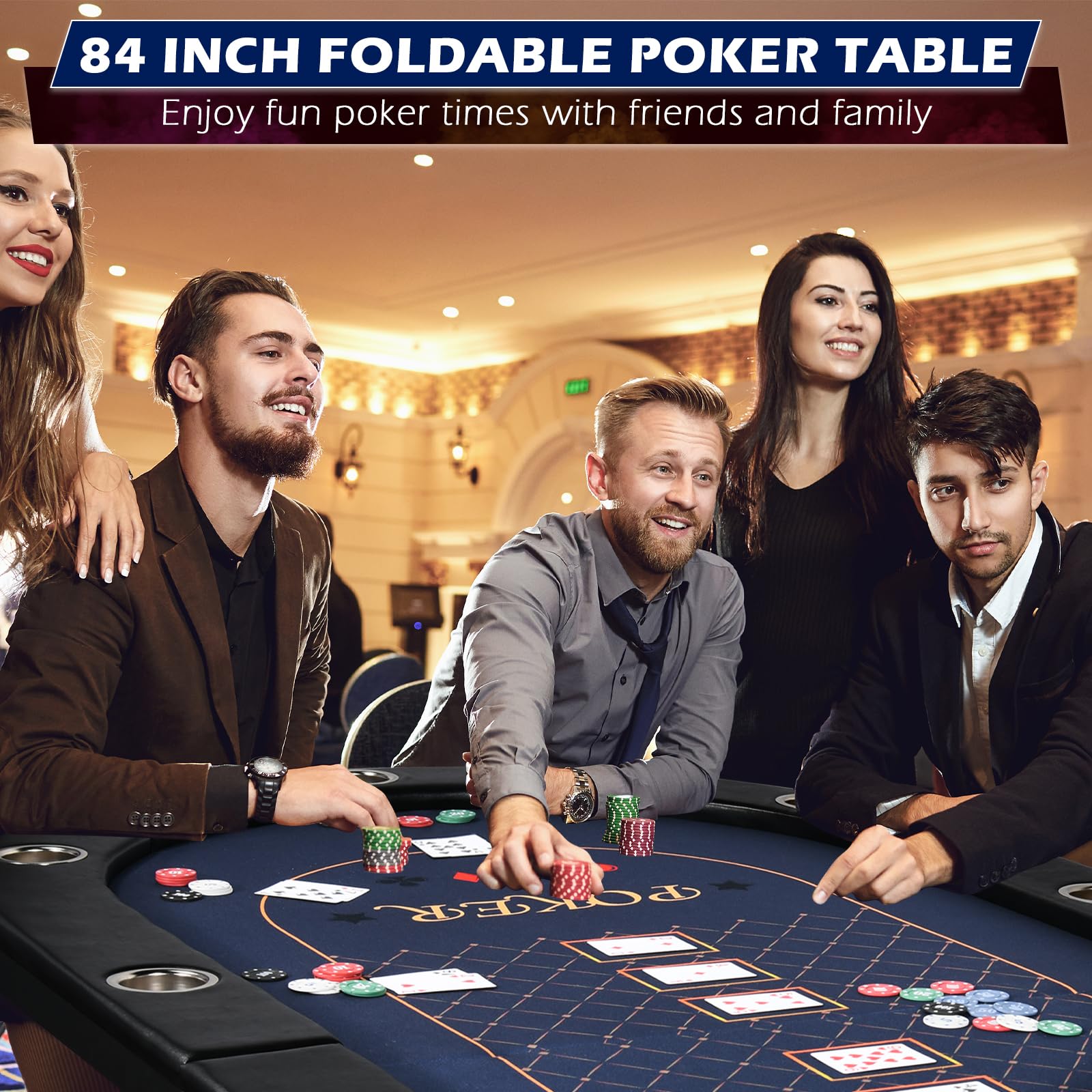 84 Inch Foldable Poker Table for 10 Players - Casino Grade Felt, Padded Rails & Cup Holders - Portable Texas Holdem & Blackjack Table - No Assembly Required (Black) - Perfect for Home Games, Casino Nights & Poker Tournaments