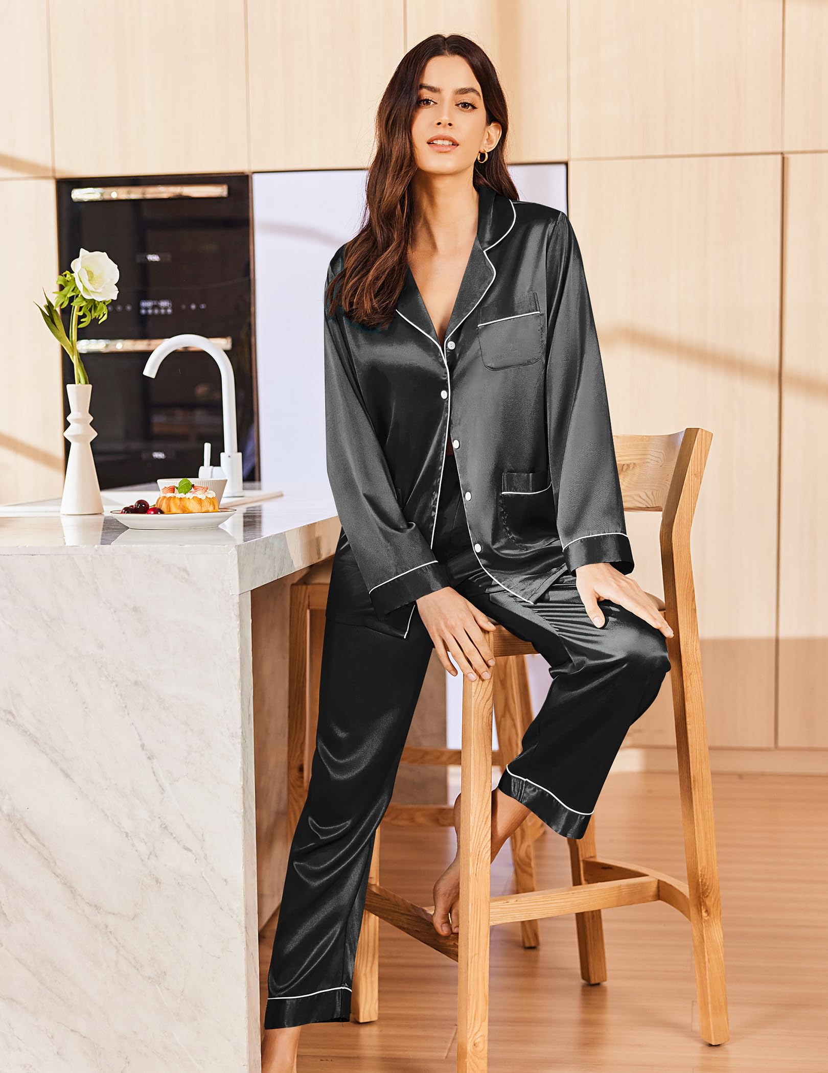 Ekouaer Women's Silk Pajama Set - Classic Button Down Satin Sleepwear with Long Sleeves for Lounge & Relaxation | Perfect for Sleepovers, Spa Days & Cozy Nights at Home
