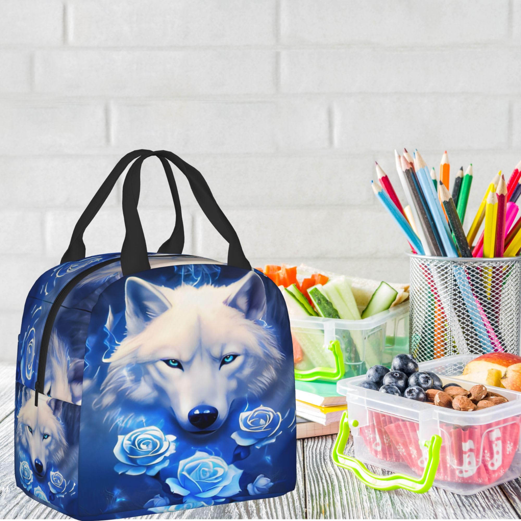 Insulated Blue Rose Wolf Lunch Box - Reusable Meal Bag for School, Work, Travel & Picnic - Food Container for Men, Women, Boys & Girls - Perfect for Office, Outdoor Activities & Daily Commute