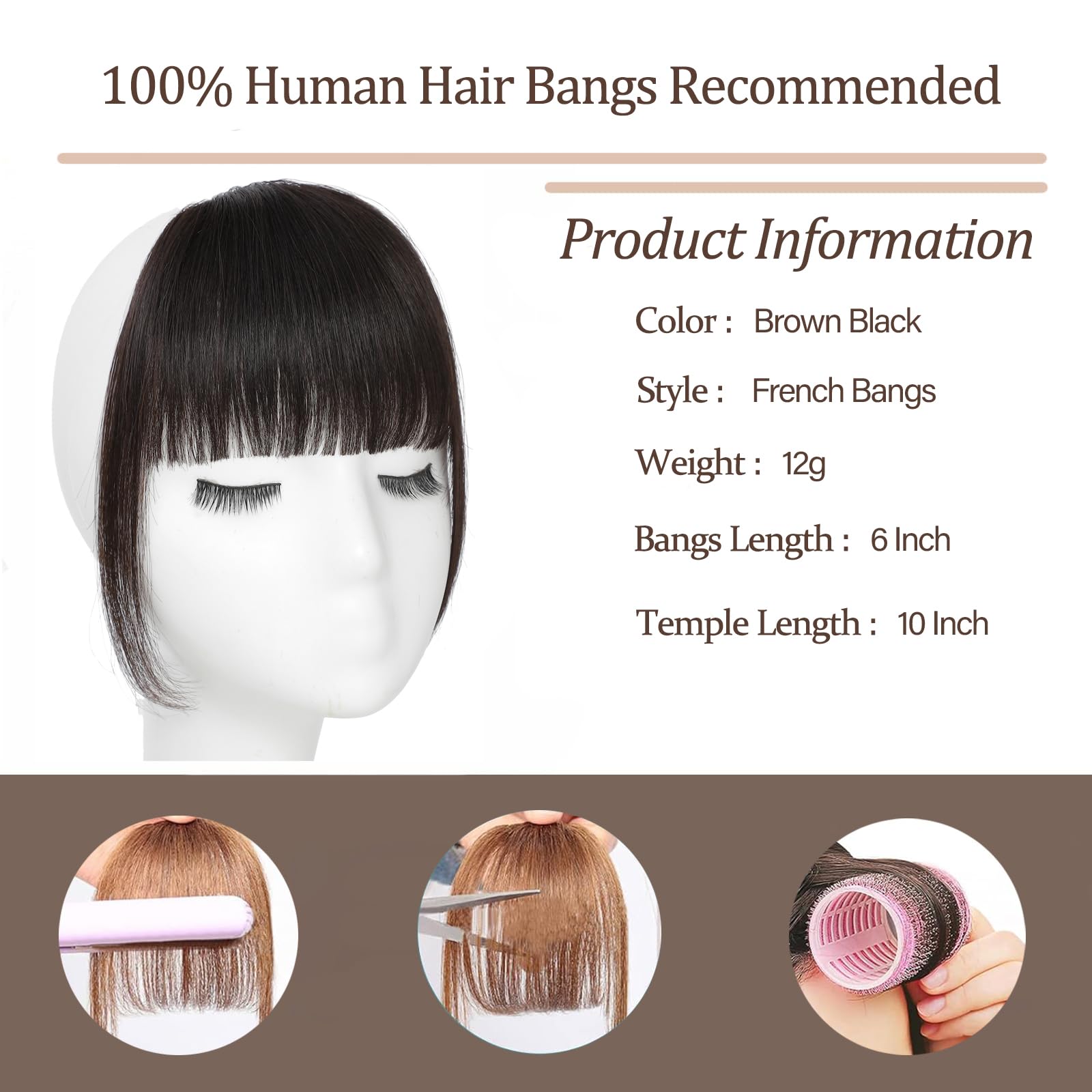 Clip In Bangs - 100% Real Human Hair Bangs Clip in Brown & Black | Clip On Bangs Hair Extensions | Fake Bangs Human Hair French Bangs | Hair Clip Fringe with Temples | Curved Bangs for Women | Perfect for Daily Wear, Cosplay, and Fashion Styling