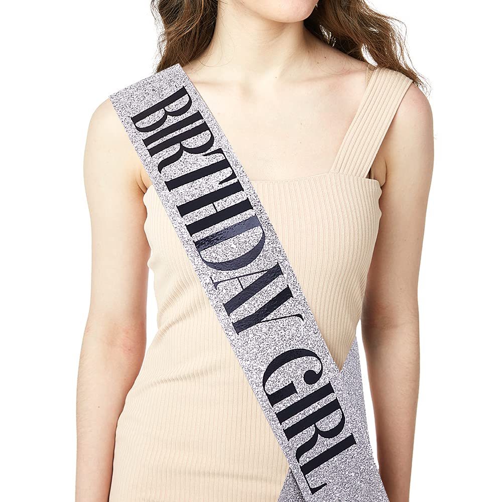 Birthday Girl Sash & Rhinestone Headband Set - Sparkling Birthday Party Accessories for Women (Silver Glitter/Black) - Perfect for Bachelorette Parties, Birthday Celebrations & Special Occasions