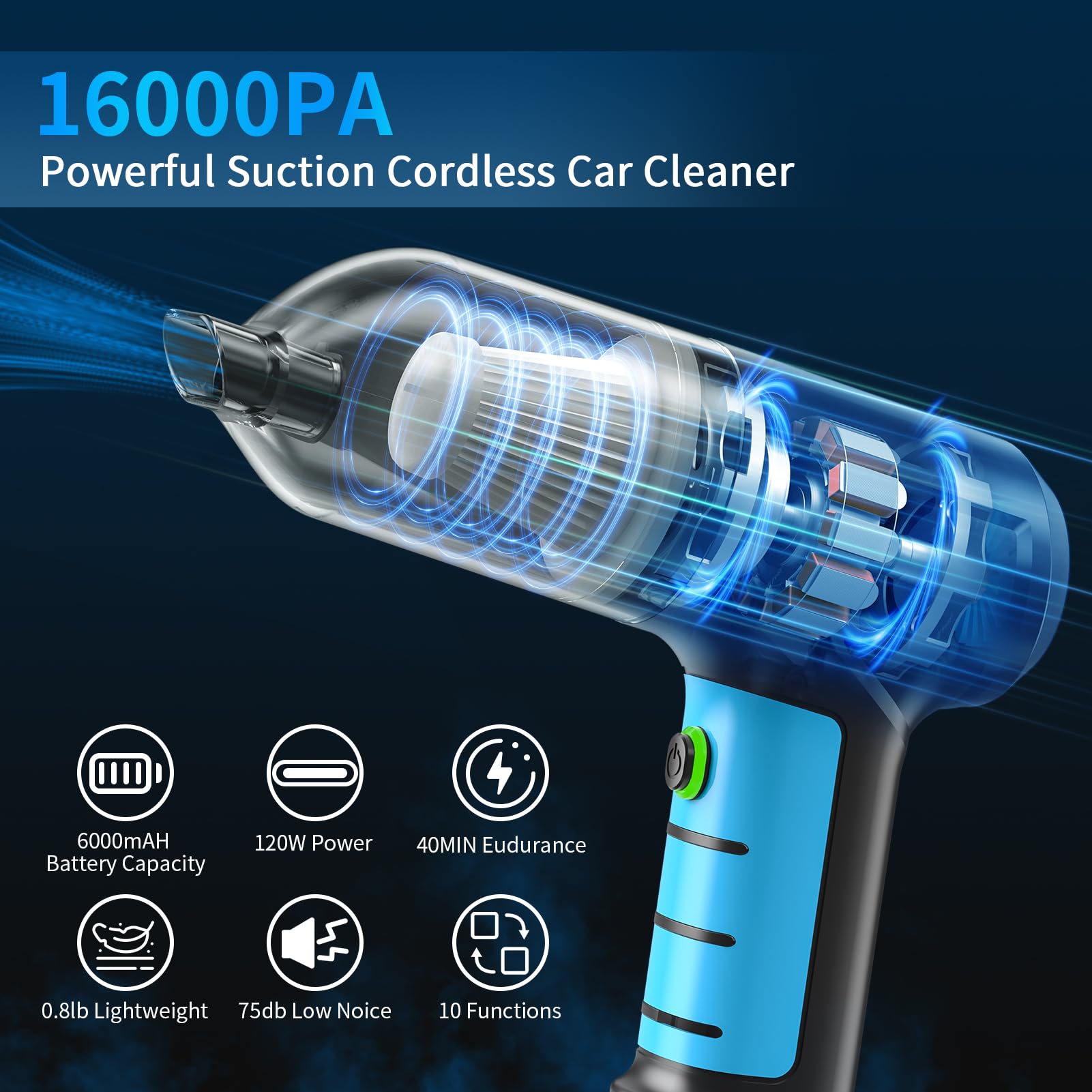 Cordless Car Vacuum 16000PA, 120W Handheld for Car & Home Cleaning