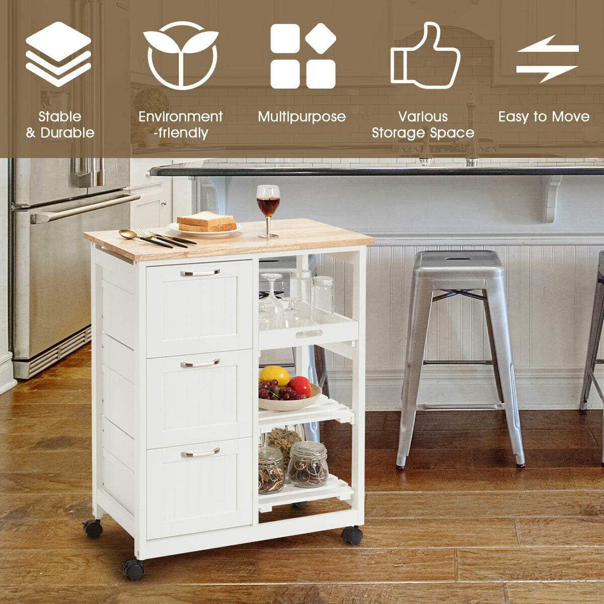 3-Tier Rolling Kitchen Island Cart with Wheels & Storage Drawers - Industrial Wood Serving Cart, Mobile Storage Cabinet for Kitchen, Dining Room, or Bar - White