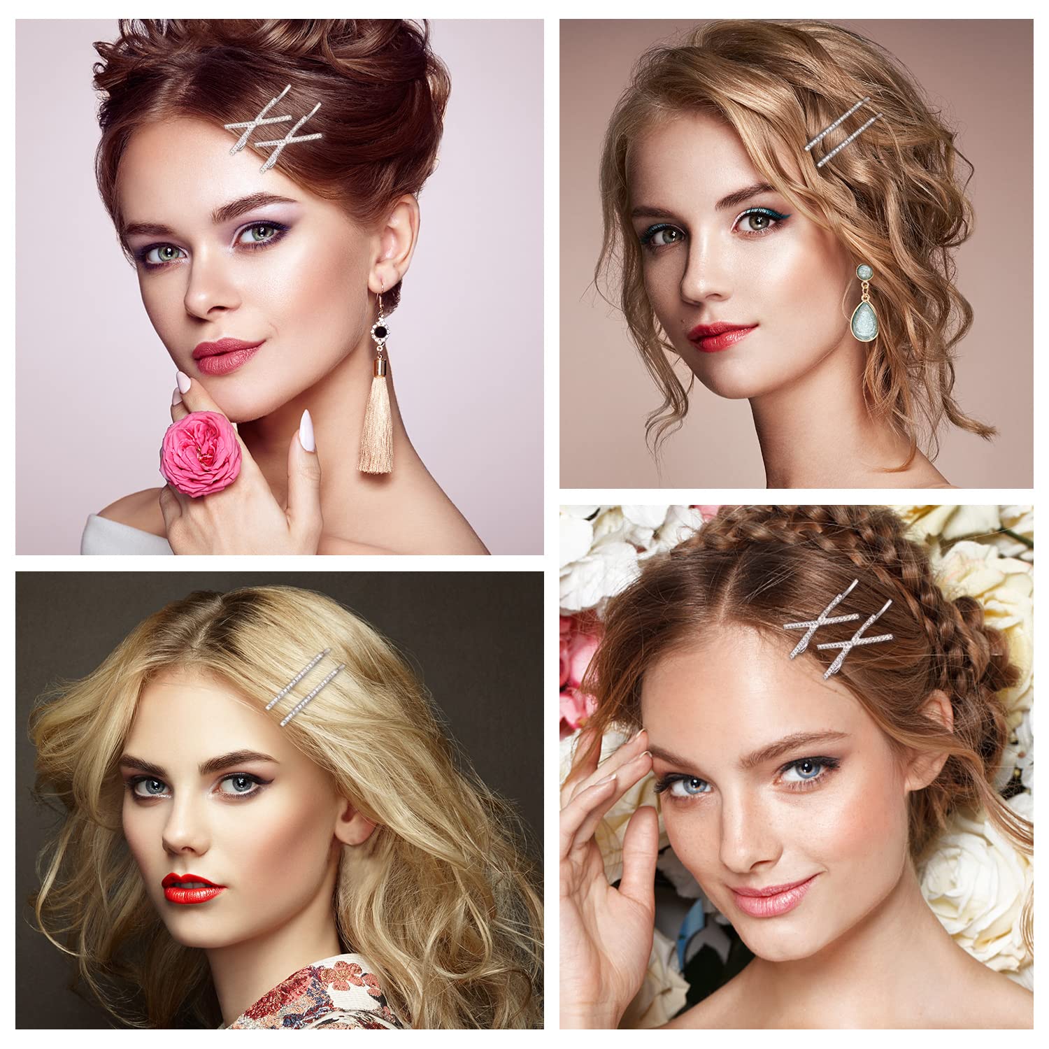 12 Pcs Rhinestone Bobby Pins & 8 Silver Metal Hair Clips - 4 X-Shaped Crystal Hair Pin Decorations for Women, Girls, Bridal & Party Hairstyles - Perfect for Weddings, Prom, Dances & Special Occasions