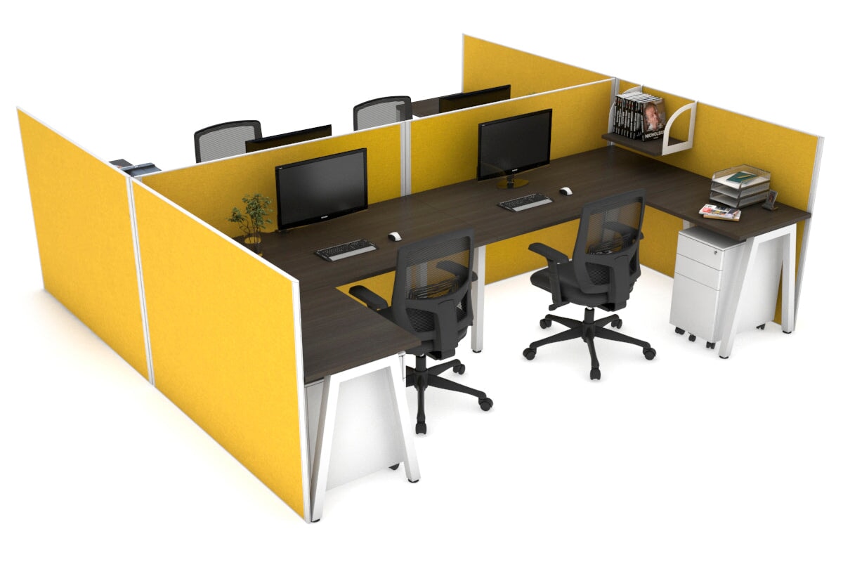 Quadro A Legs 4-Person Corner Workstation | H-Shaped Office Desk Configuration | White Frame (1400L x 1800W) with Cable Management | Perfect for Open Office Layouts & Collaborative Workspaces