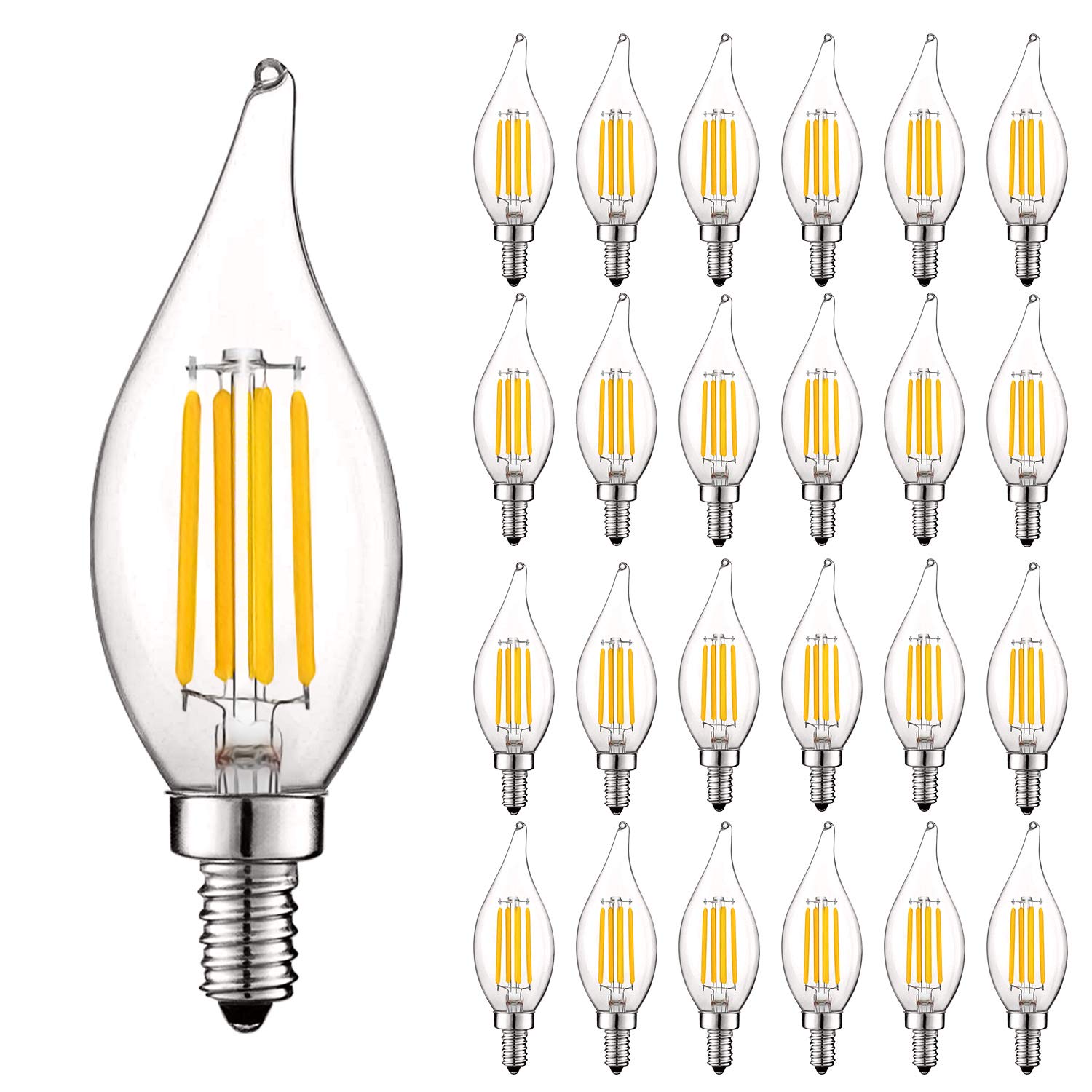 Luxrite Vintage Candelabra LED Bulb - 60W Equivalent, 550 Lumens, 2700K Warm White, 5W Dimmable Chandelier Light Bulbs with Flame Tip Clear Glass & Filament Design - E12 Base (24 Pack) - Perfect for Chandeliers, Wall Sconces, Ceiling Fans, and Decorative Lighting