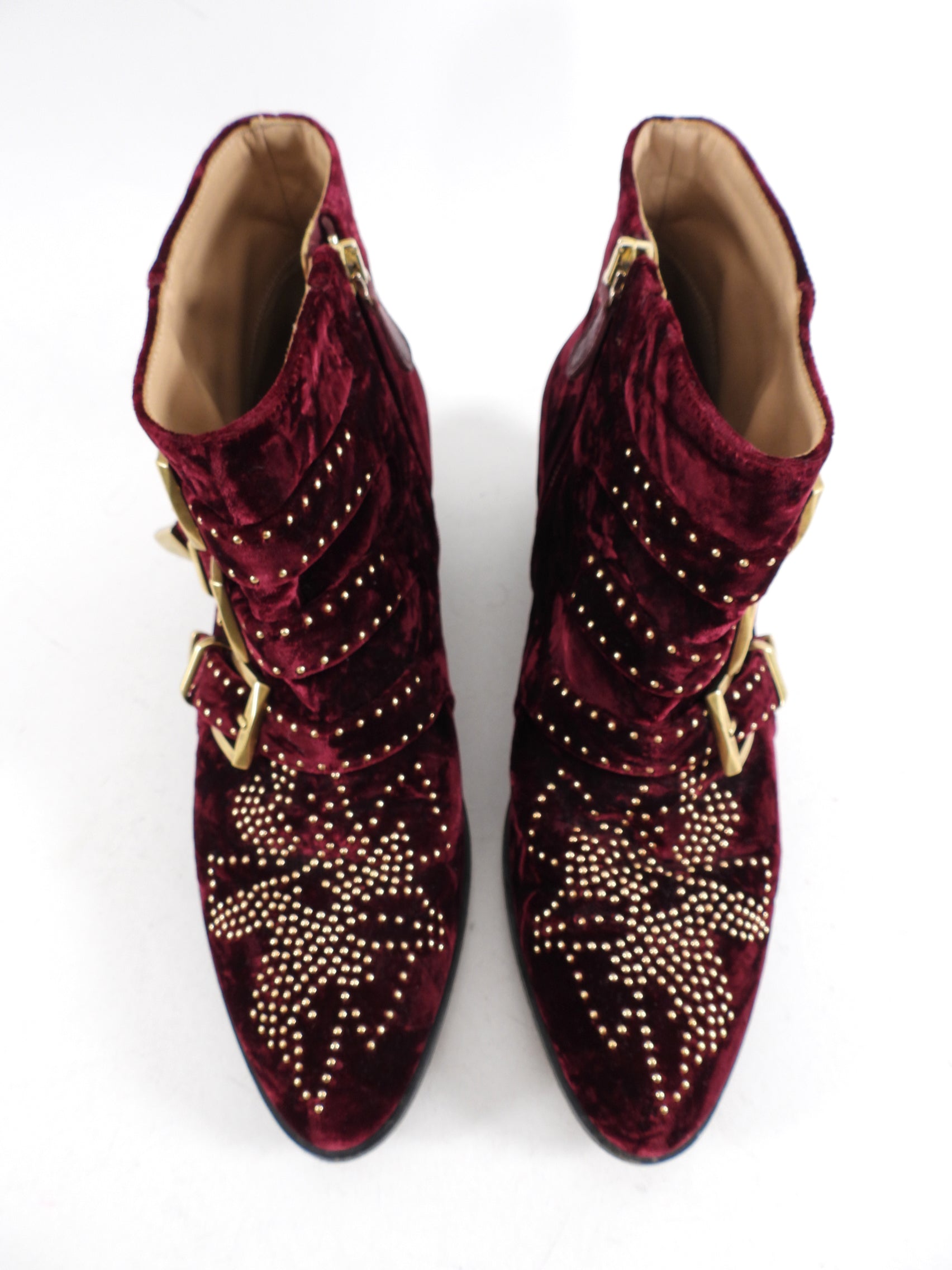 Chloe Susanna Burgundy Velvet Stud Ankle Boots Women's Size 38 - Stylish Fall & Winter Fashion for Parties, Dates & Night Out