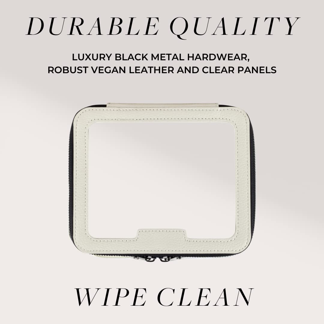 Vegan Leather Cream Toiletry Bag - Waterproof Clear PVC Zippered Cosmetic Makeup Wash Bag Organizer for Travel, Bathroom, Gym, and Daily Use - Perfect for Men and Women