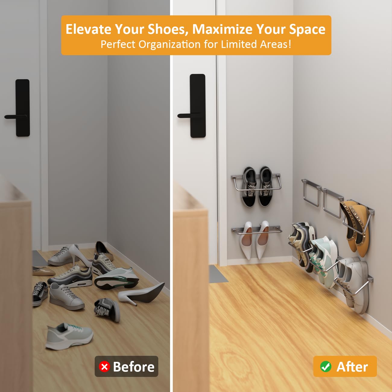 Foldable Wall-Mounted Shoe Rack - Aluminum Hanging Shoe Organizer with 4 Packs, Space-Saving Storage for Sneakers, Heels & Boots - Perfect for Closet, Bedroom or Entryway Organization