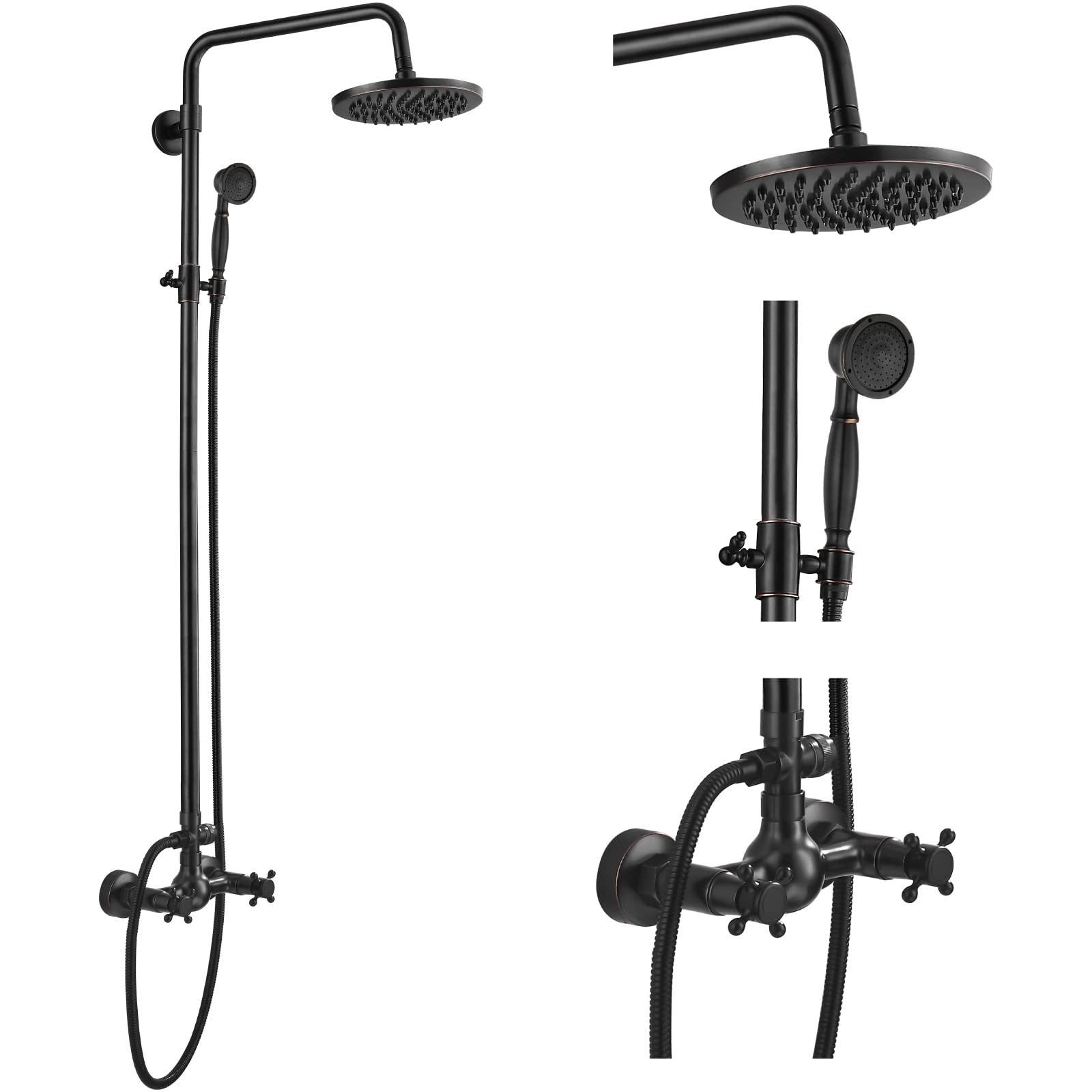 Gotonovo 8 Inch Exposed Bathroom Shower Faucet Set - Oil Rubbed Bronze Rainfall Shower Head with Handheld Sprayer, 2-Function Wall Mount Cross Handle Fixture for Luxurious Spa-Like Experience | Perfect for Master Bathroom Renovation & Modern Home Upgrade
