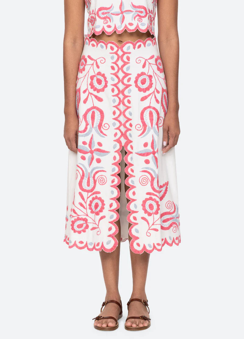 Sea New York Eevi Embroidered Twill Midi Skirt for Women - Floral Stitched A-Line Skirt with Pockets | Perfect for Office, Date Night & Spring Outfits