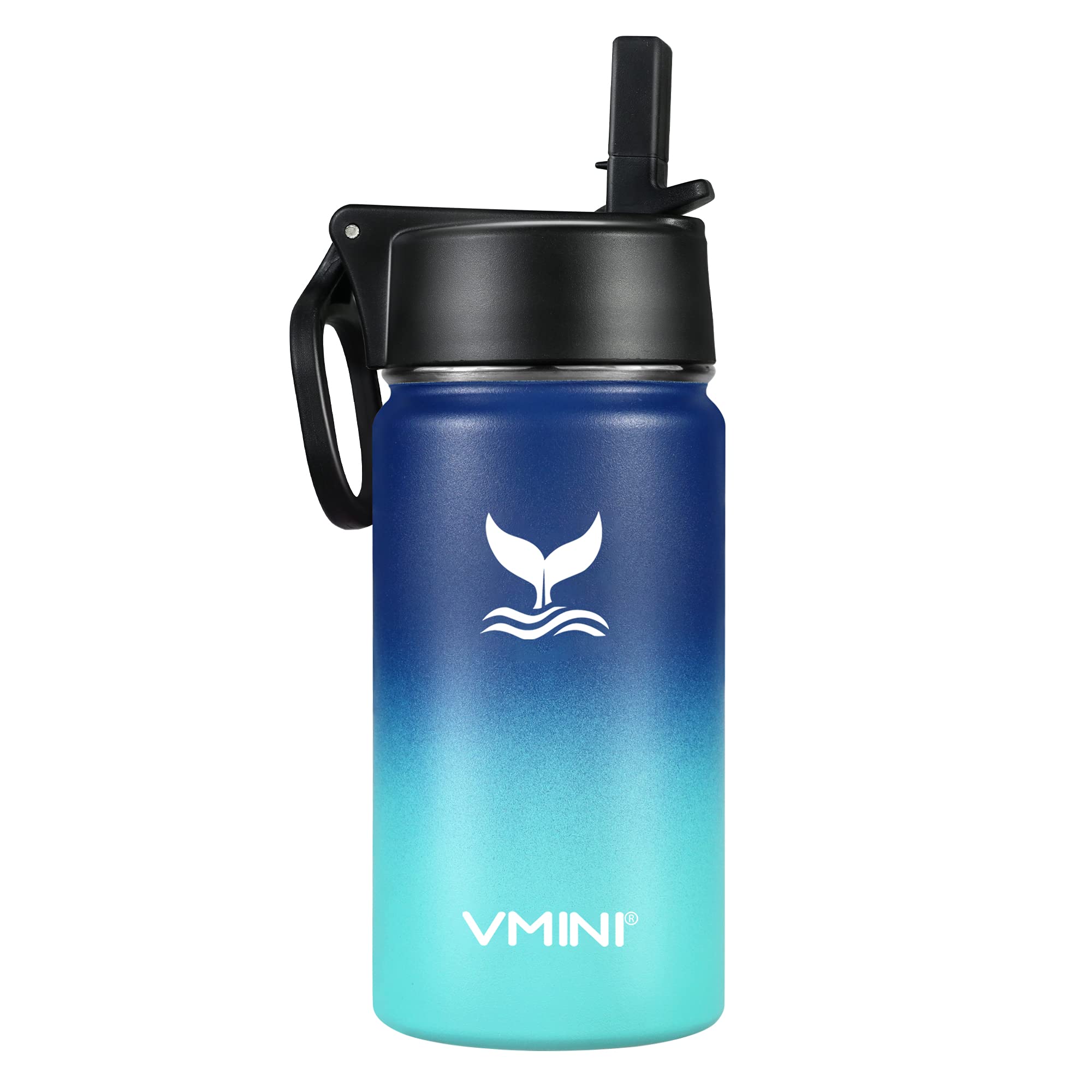 Vmini Kids Water Bottle with Straw - 12oz Vacuum Insulated Stainless Steel Water Bottle with Wide Mouth & Rotating Handle Lid, Gradient Blue Mint - Perfect for School, Sports & Outdoor Activities