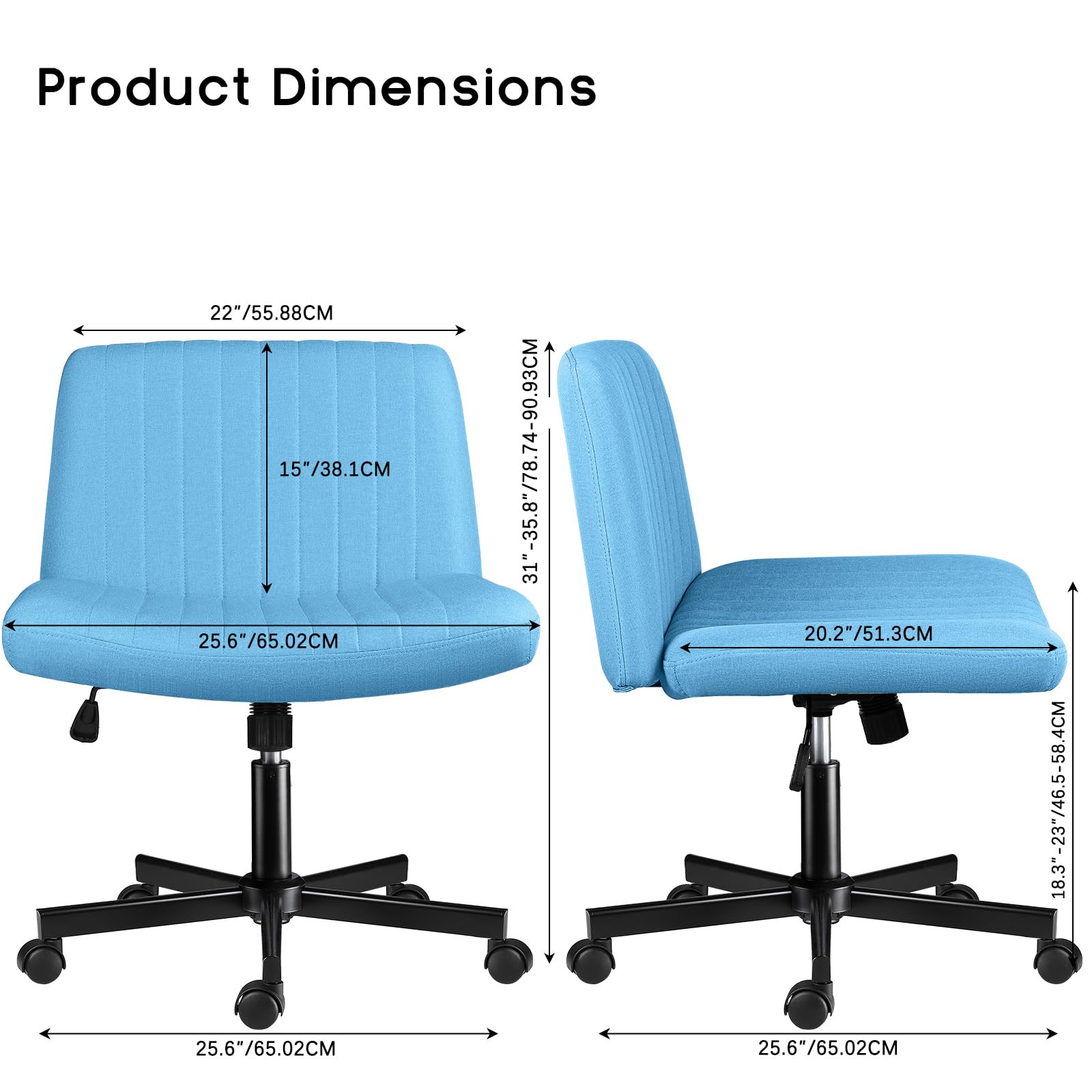 PUKAMI Criss Cross Chair with Wheels - Fabric Padded Armless Cross Legged Office Desk Chair for Home Office - Modern Swivel Height Adjustable Wide Seat Computer Task Vanity Chair (Blue) - Perfect for Home Office, Gaming, Study & Relaxation