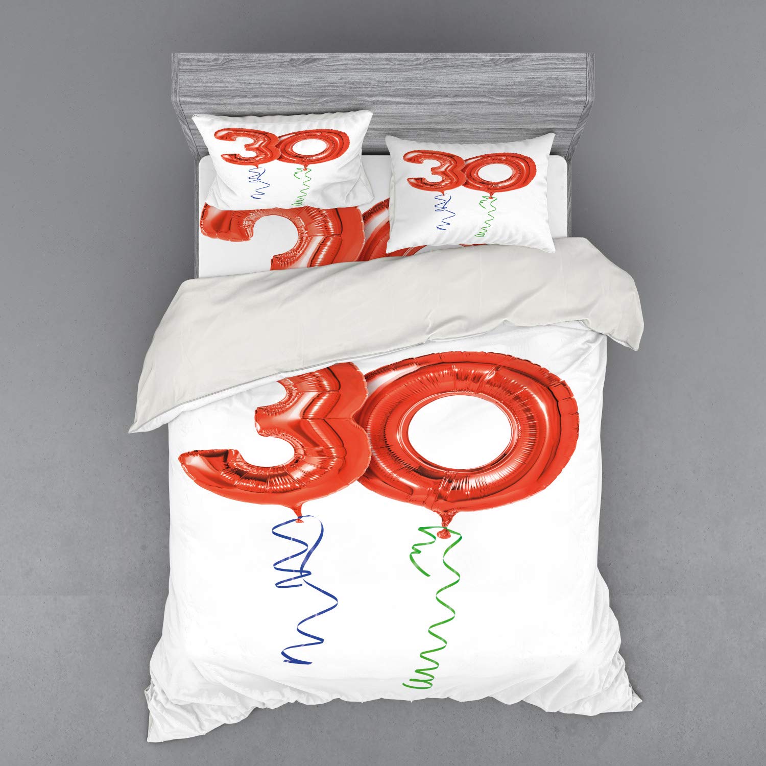 Ambesonne 30th Birthday Duvet Cover Set - Red Balloon Number Design with Swirl Ribbons, 4-Piece Queen Size Bedding Set (Duvet Cover + 2 Pillow Shams + Fitted Sheet) in Red, Blue & Green | Perfect for Birthday Parties, Adult Bedrooms & Gift Giving