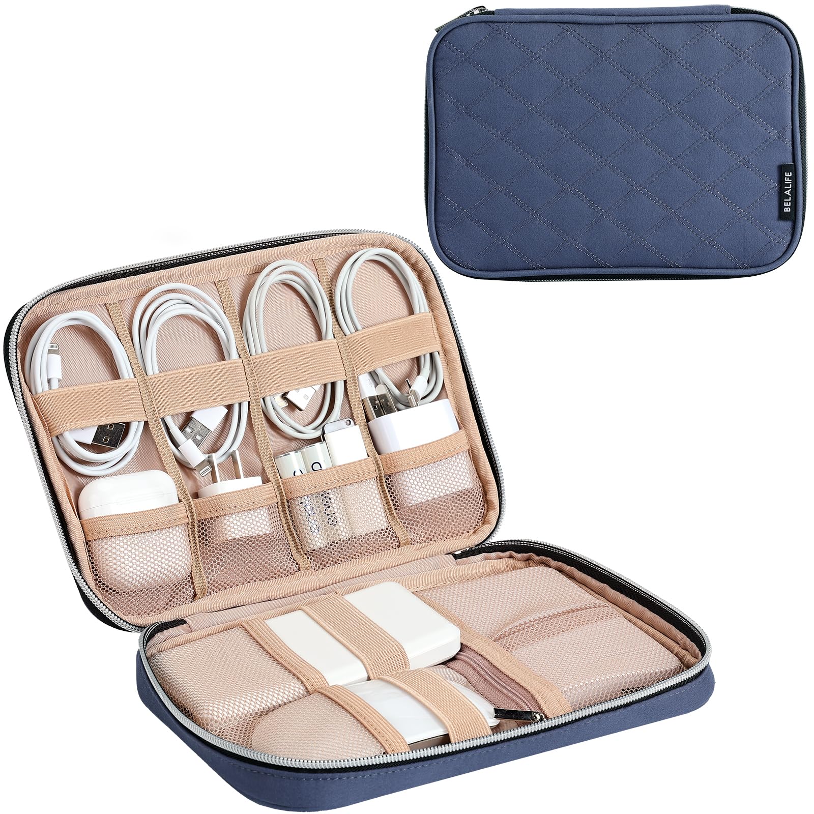 BELALIFE Electronic Organizer - Portable Travel Cable Storage Bag for Cords, Chargers, Phones, Earphones & Tech Accessories | USB, SD Card & Hard Drive Organizer | Blue-Gray | Perfect for Travel, Office & Home Organization
