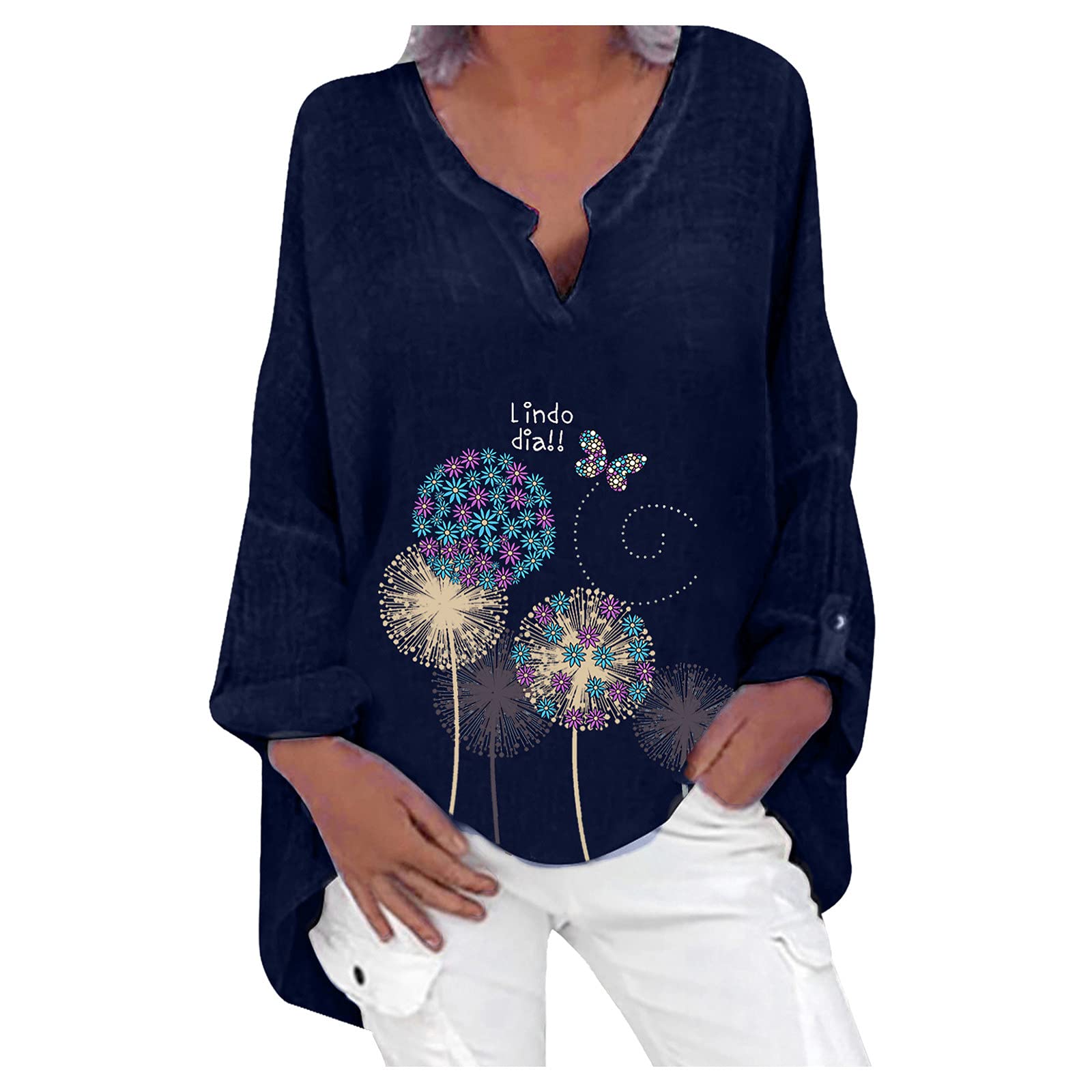 **Plus Size Women's Summer Tops - Cotton Linen 3/4 Sleeve Crew Neck Boho Print T-Shirts & Casual Blouses | Loose Fit for Beach, Travel & Everyday Wear**