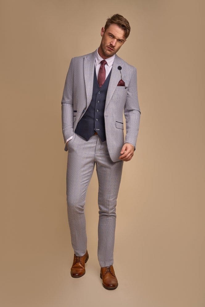 Cavani Caridi Men's Sky Suit with Navy Waistcoat - Premium Tweed Three-Piece Suit for Weddings, Business & Formal Events
