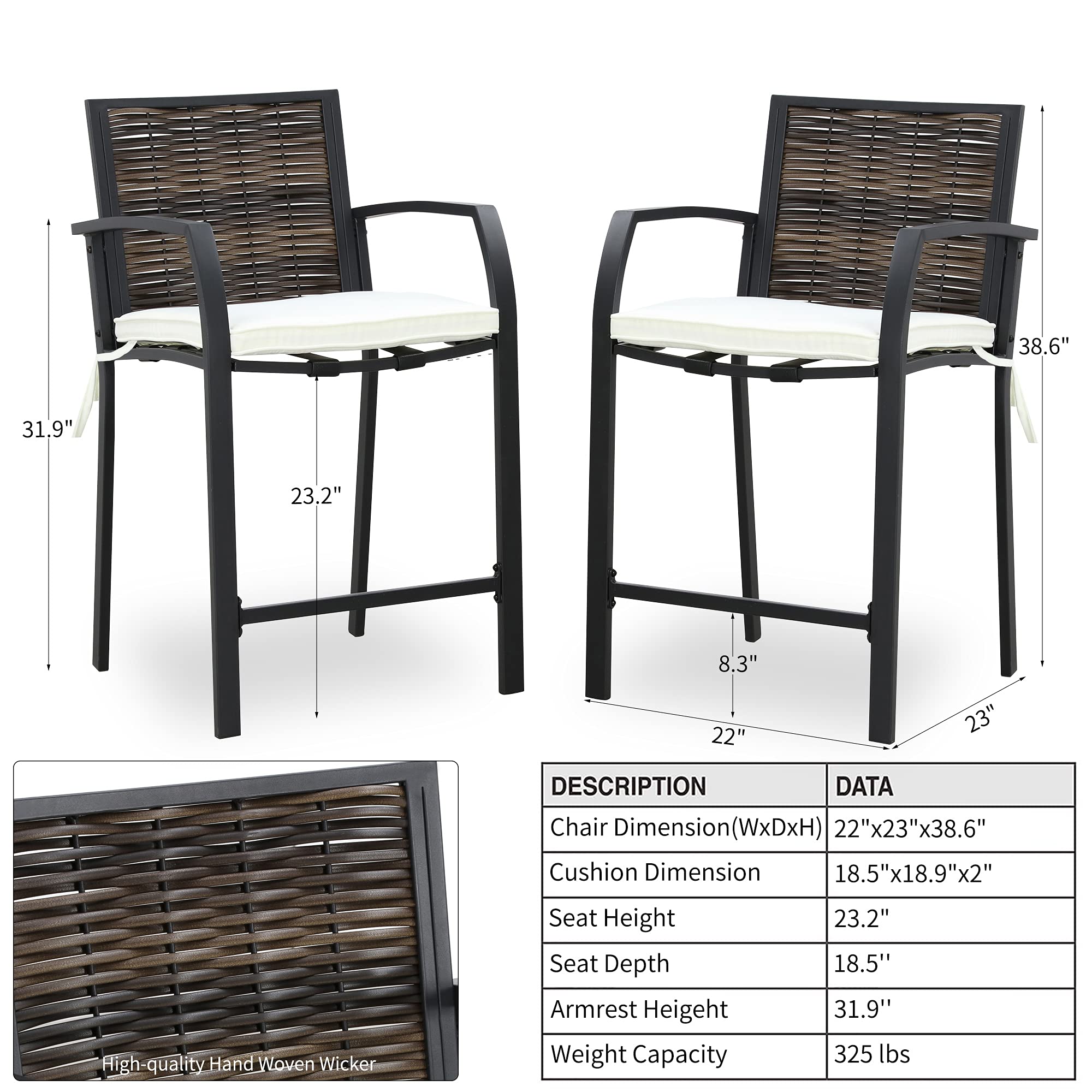 PatioFestival 4-Piece Outdoor Bar Stool Set - All-Weather Cushioned Metal Patio Chairs with Wicker Back (Brown) - Perfect for Backyard, Deck, Poolside & Outdoor Entertaining