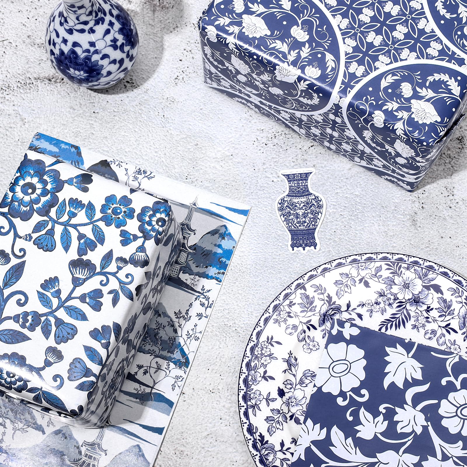 Premium Whaline 12-Sheet Blue Chinoiserie Wrapping Paper Set - 19.7