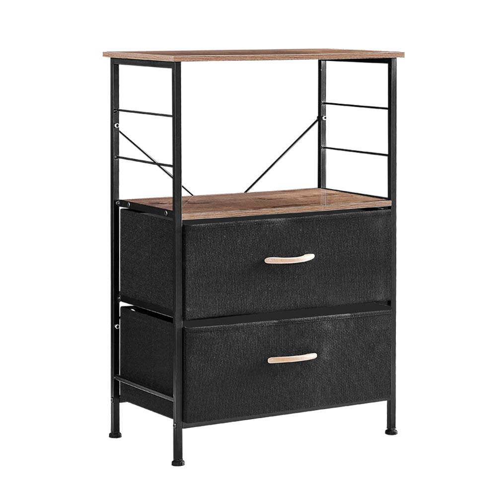 Rustic Industrial Nightstand with 2 Fabric Drawers & Storage Shelves - Wooden Top Metal Frame Side Table for Bedroom, Living Room - Perfect as Bedside Book Stand or Dresser Tower