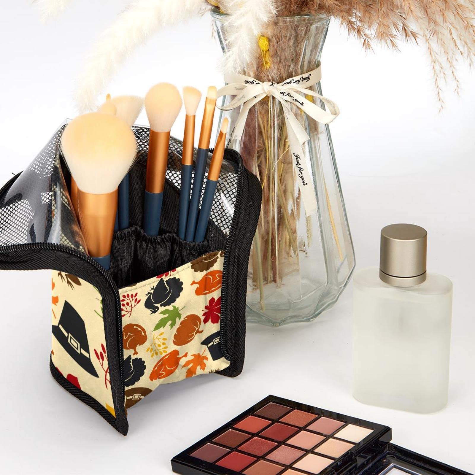 12-Piece Makeup Brush Organizer Bag with Portable Holder Case - Thanksgiving Turkey Pumpkin Leaves Design - Perfect for Travel, Home Storage & Makeup Artists