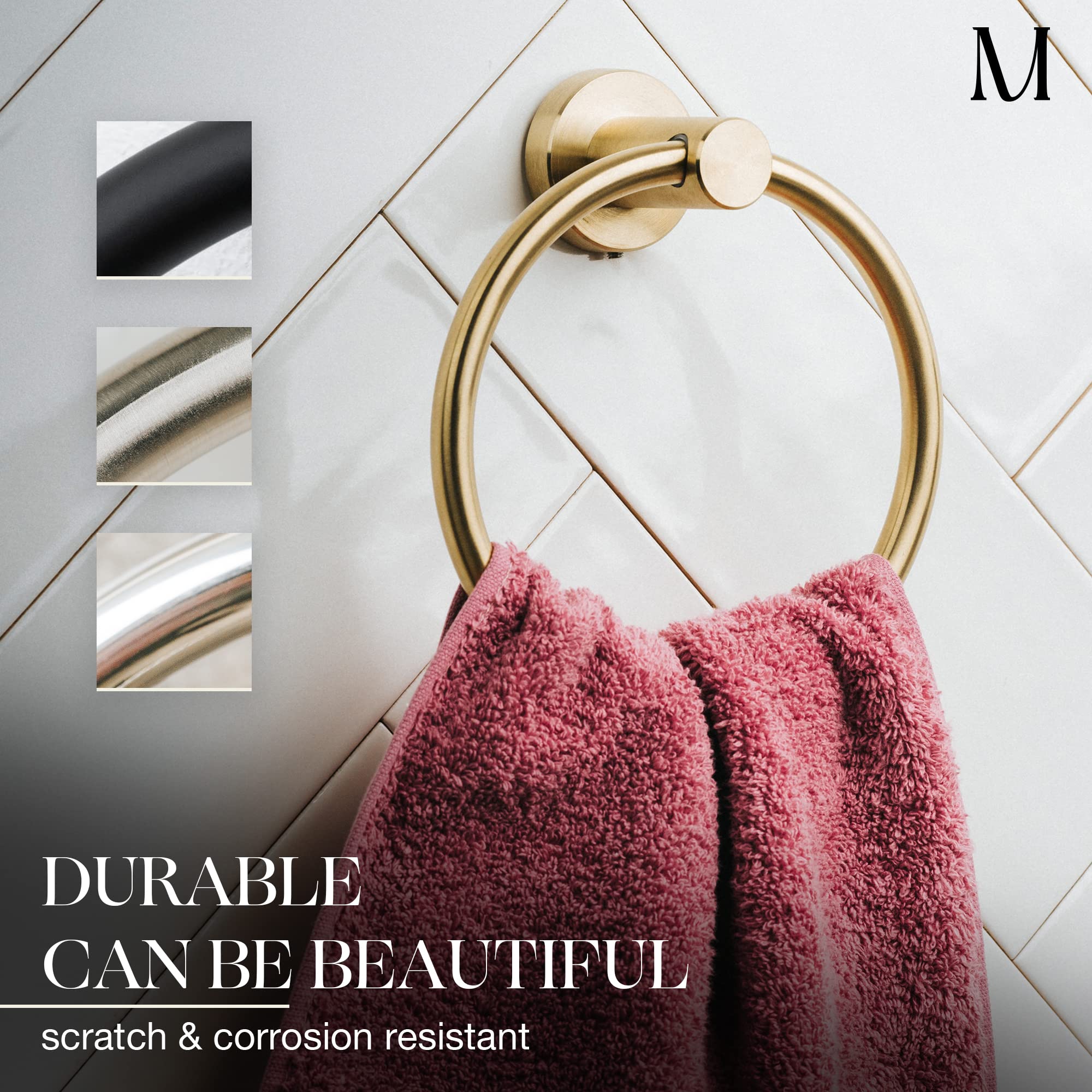 Marmolux Acc Brushed Gold Towel Ring - Modern Stainless Steel Bathroom Towel Holder - Round Hand Towel Hanger for Bathroom, Kitchen & Guest Room Decor