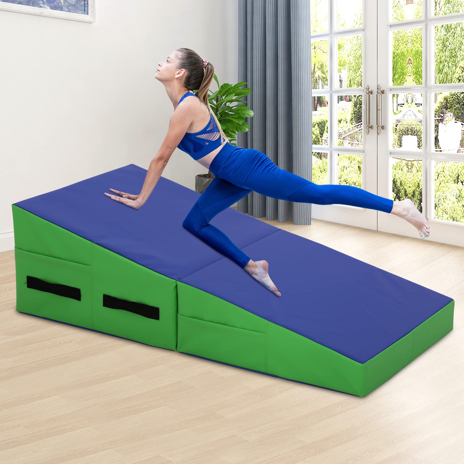 Foldable Octagon Tumbling Cheese Wedge Mat - Non-Slip PVC Surface with Handles for Gymnastics Training | Perfect for Home Use, Kids Play, Handsprings, Backbends & Somersaults | Great for Wrestling, Aerobics & Skill Development