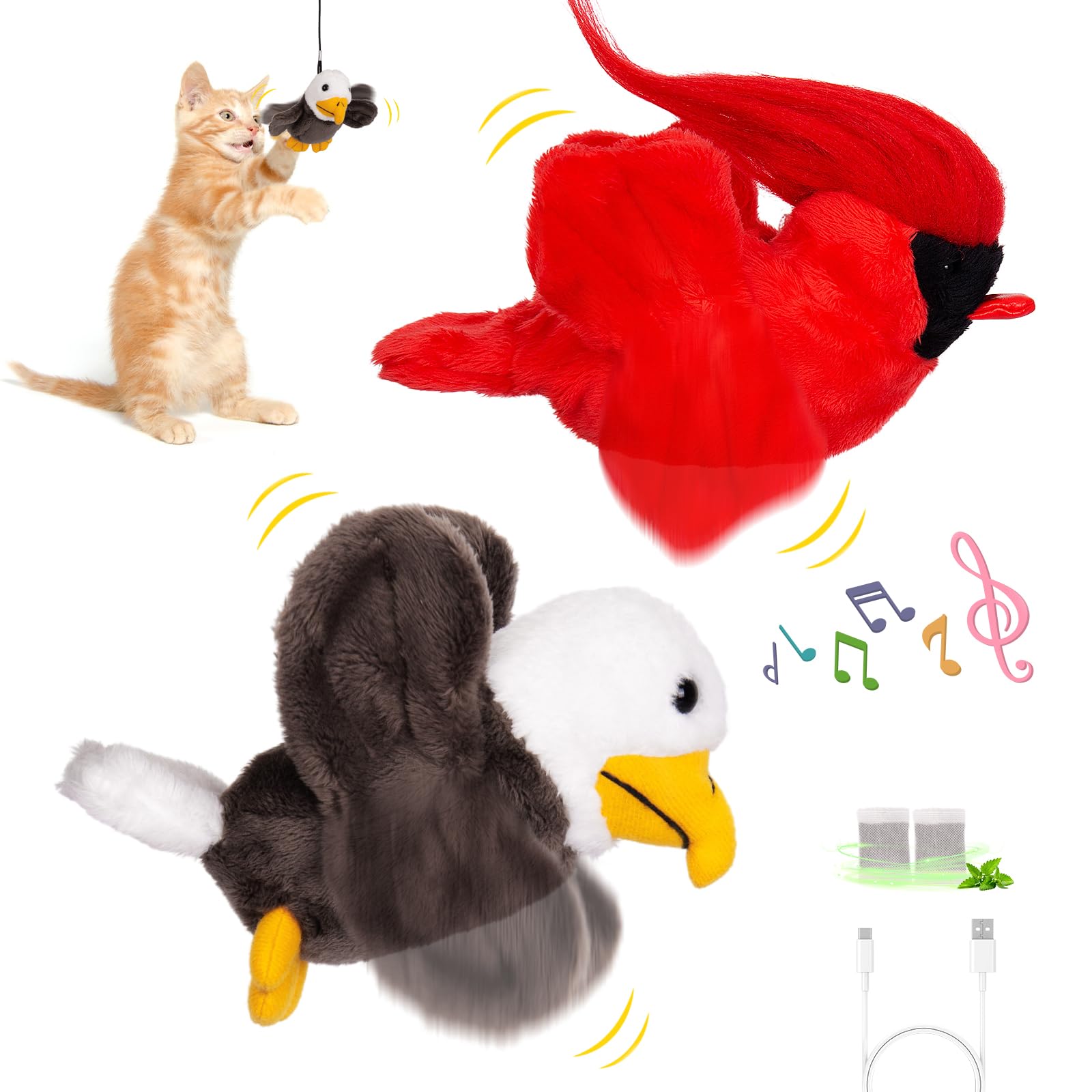 Interactive Cat Toys with Flapping Birds - USB Rechargeable, Touch Activated Kitten Play Toy with Catnip - 2Pcs Hanging Teaser (Cardinal & Eagle) for Exercise & Entertainment - Perfect for Indoor Play, Boredom Relief & Bonding with Your Feline Friend