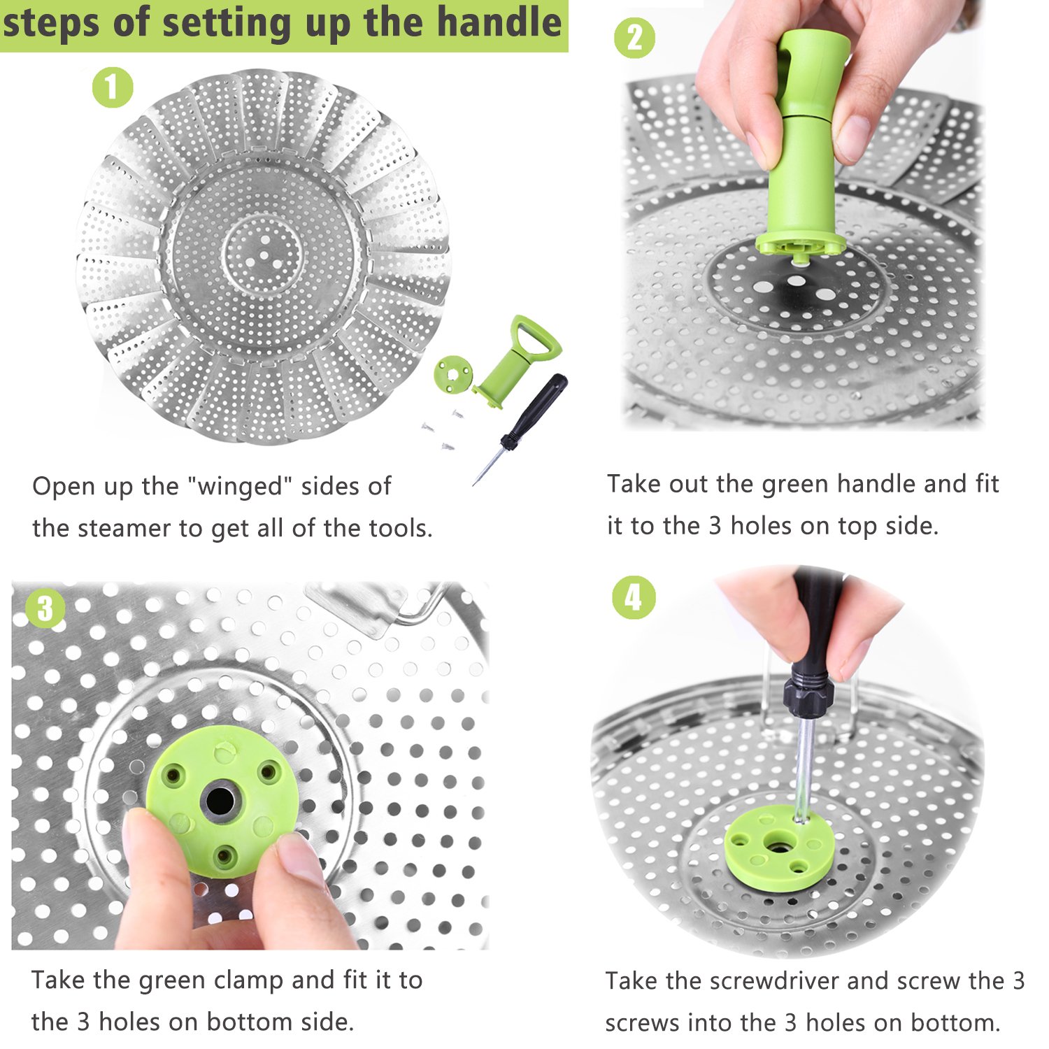 Stainless Steel Expandable Vegetable Steamer Basket for Cooking - Folding Steamer Insert with Extendable Handle Fits 6.4