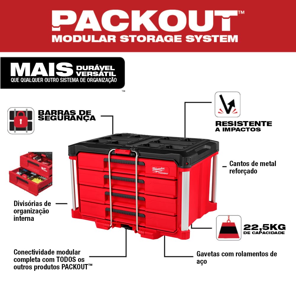 Milwaukee Packout 4 Drawer Tool Organizer Box 48-22-8444 - Heavy Duty Storage for Tools & Accessories - Perfect for Job Sites, Workshops & DIY Projects