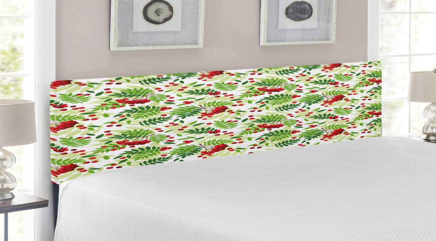 Ambesonne Rowan Upholstered King Size Headboard - Green Leaves & Wild Fruits Pattern, Decorative Metal Bed Frame with Memory Foam (Apple Green/Fern Green) | Perfect for Bedroom Decor, Guest Rooms & Seasonal Home Styling