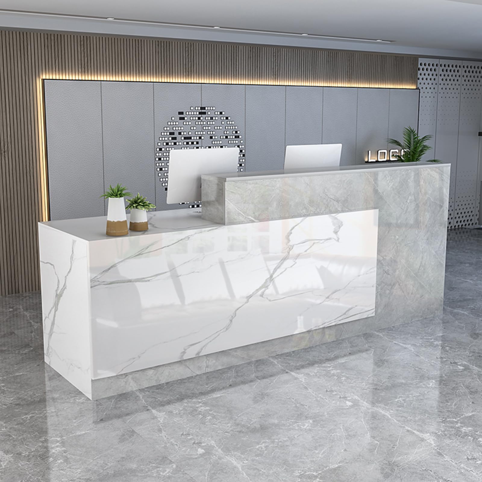 Modern Reception Counter Desk with Lockable Drawers - Wooden Front Desk for Office, Retail & Beauty Salon - Versatile Lobby Checkout Table for Home & Commercial Use
