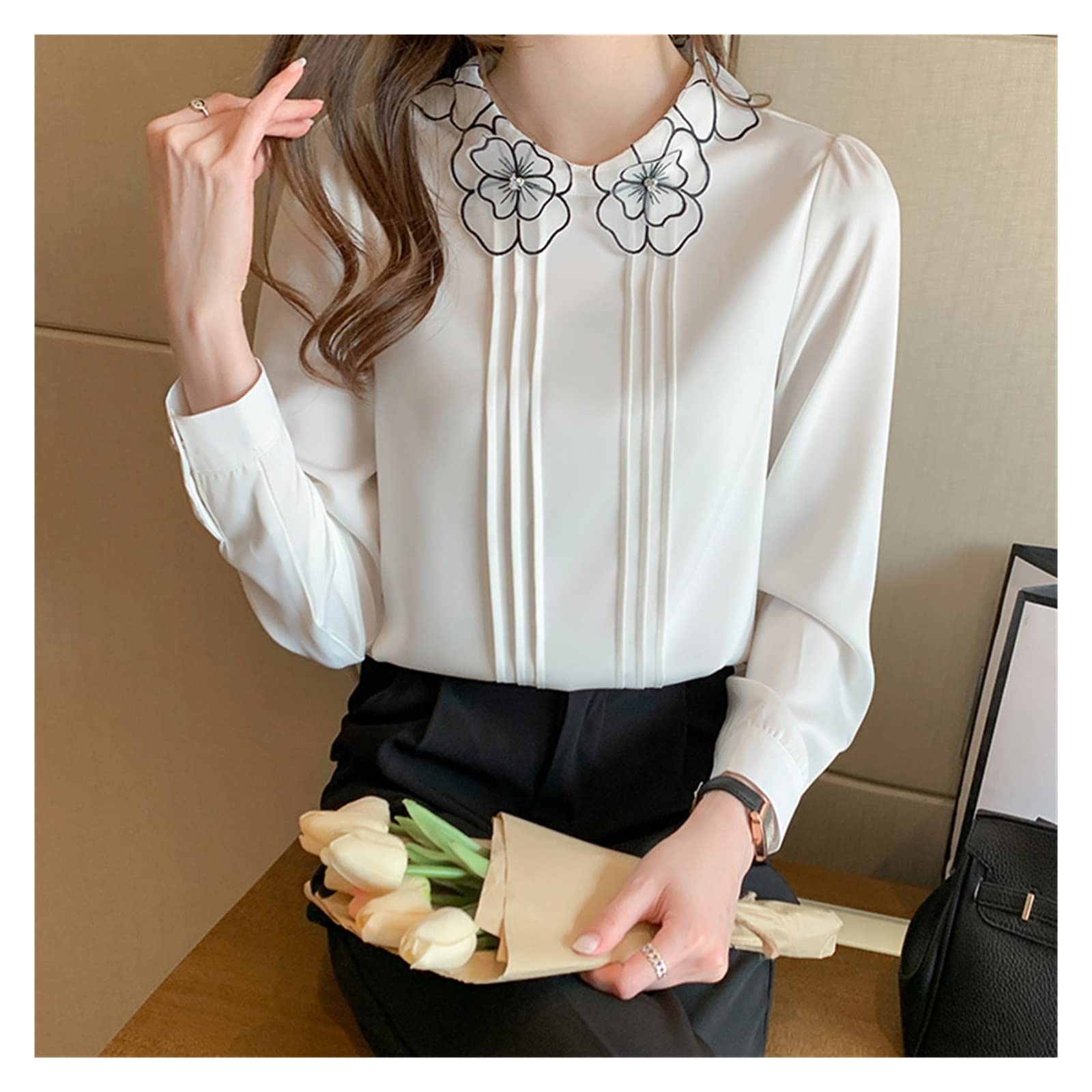 Elegant Autumn Women's Long Sleeve White Chiffon Blouse - Flowy Office Shirt & Casual Tops for Women (Size M) | Perfect for Work, Date Night & Fall Outfits