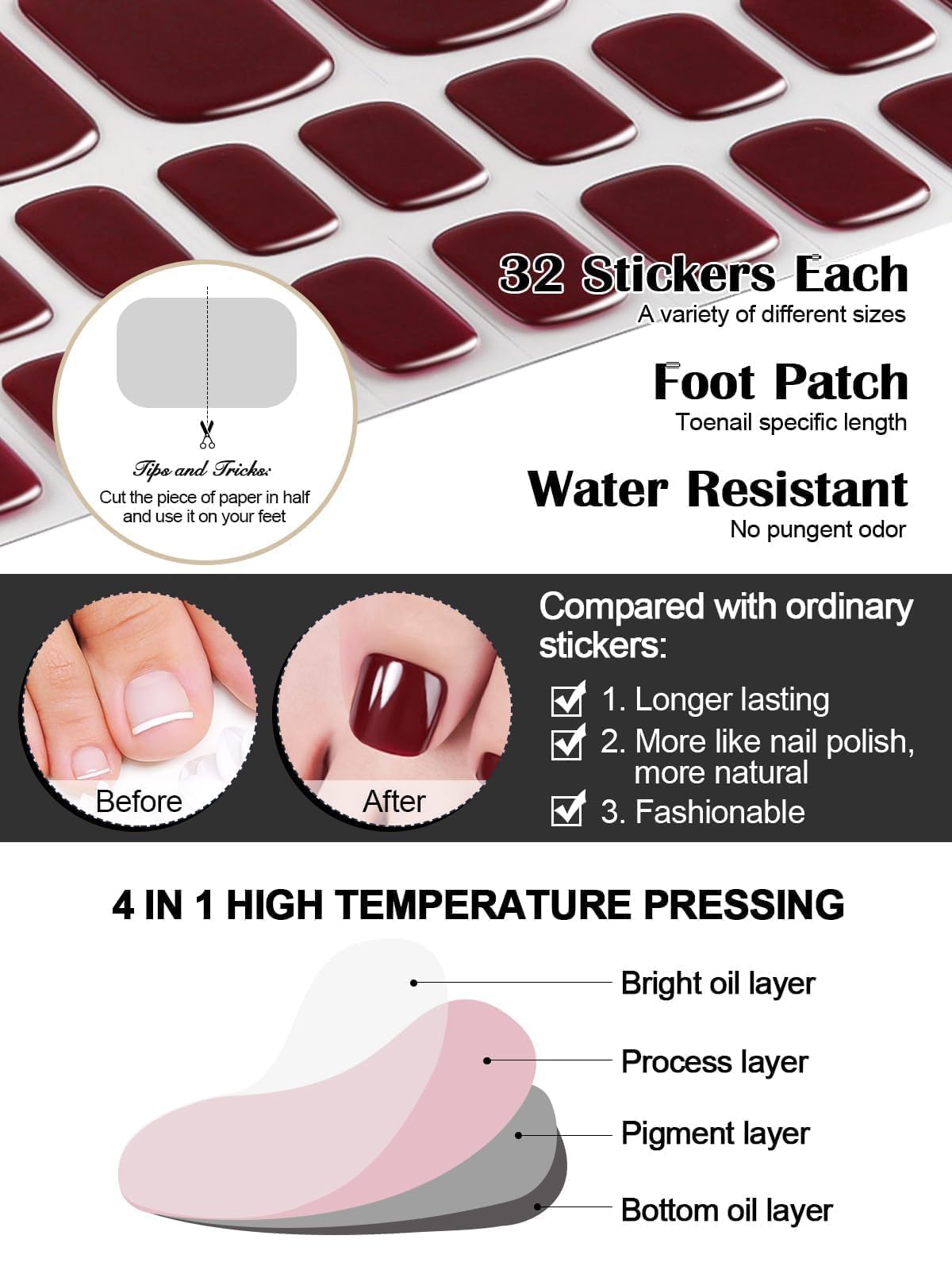 Kalolary Gel Toenail Wraps Strips - Long Lasting Brown Toenail Stickers for Pedicure, Salon Quality Nail Wraps with Nail File & Wood Stick (UV/LED Lamp Required) - Perfect for Home Manicures, Nail Art Designs & Salon Quality Results
