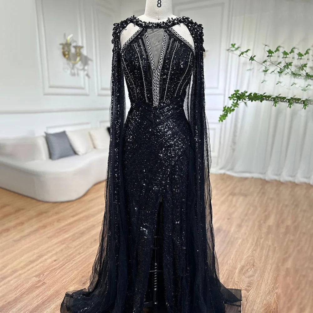 Elegant Yellow Crystal Evening Gown with Cape Sleeves - LA72085 for Prom, Gala & Formal Events