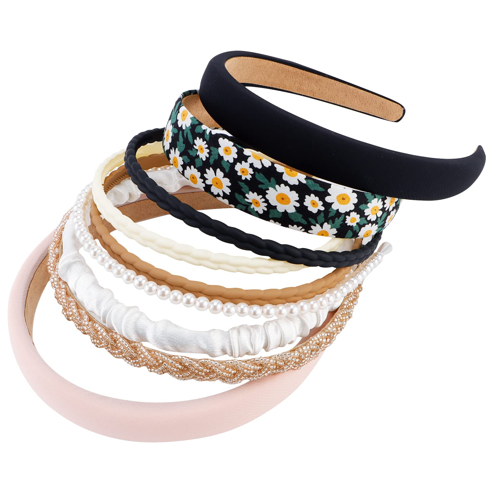 TOBATOBA 9-Piece Women's Fashion Headbands Set - Non-Slip Hair Accessories with Flower Pearl Design in Black & White Neutral Colors - Perfect for Workouts, Yoga, Parties and Everyday Styling