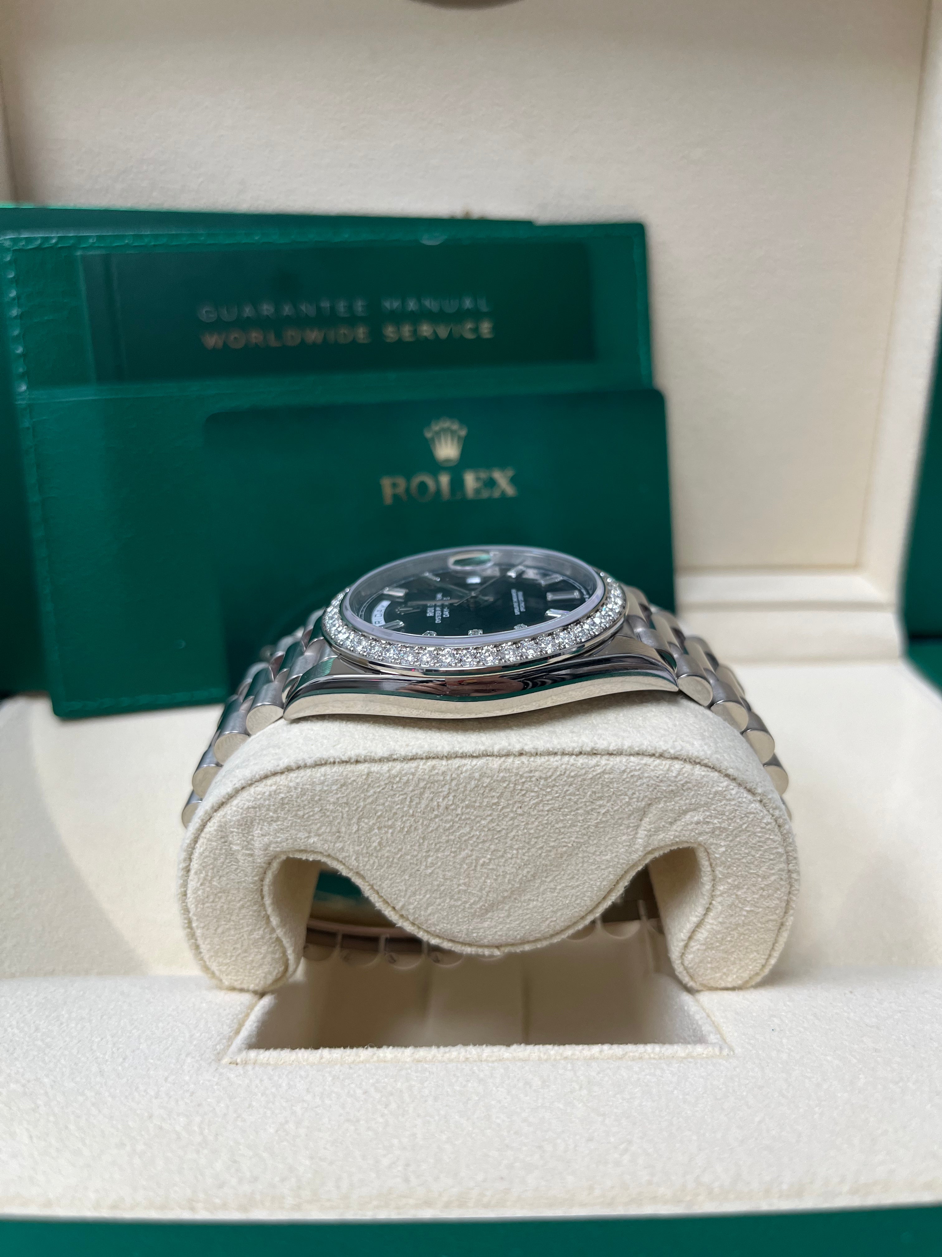 Rolex Day Date 40 White Gold Men's Watch with Black Baguette Diamond Dial & Fluted Bezel - Luxury Dress Watch for Business & Formal Occasions