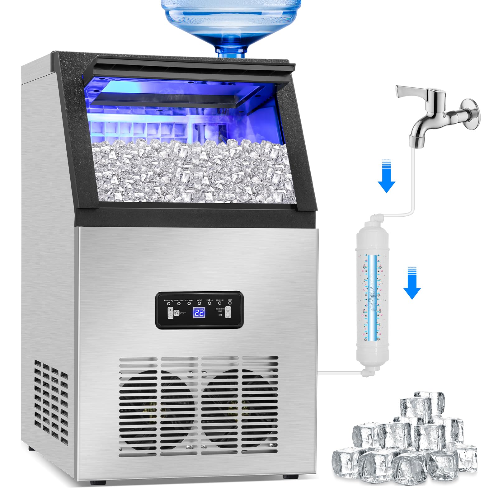 Commercial Ice Maker Machine 120Lbs/24H, Stainless Steel Under Counter or Freestanding with 2 Water Inlet Modes - Makes 36 Ice Cubes in 8-15 Mins, 28Lbs Storage Bin - Perfect for Home, Office, Bar, Restaurant, and Commercial Use