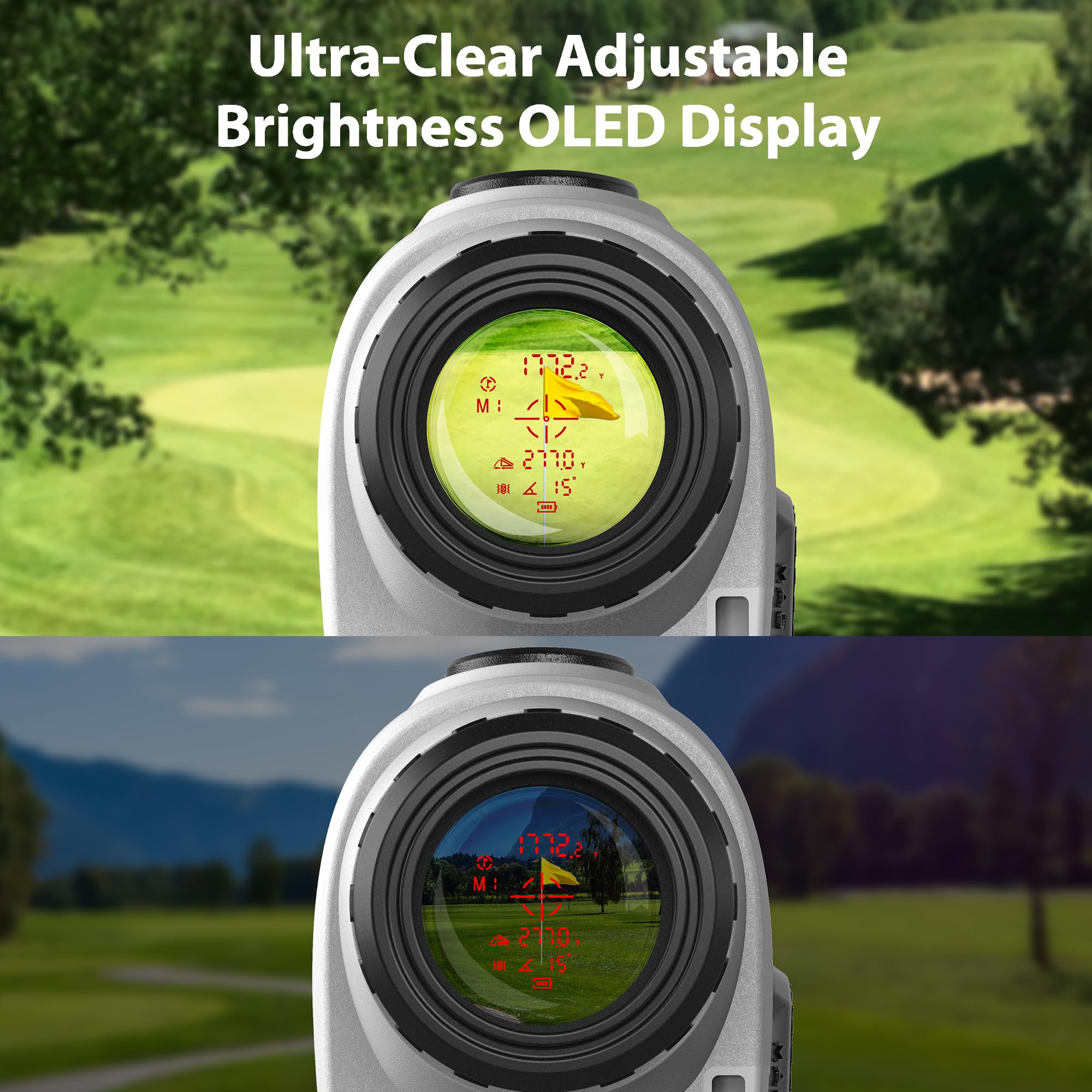 Gogogo Sport Vpro Gen 2 Golf Laser Rangefinder - 1200/2500 Yards Distance Measurement, Ultra-Clear Optics with 99% Light Transmission, OLED Display, Dual Power Options, Flaglock/Slope/Magnetic - Perfect for Golf Tournaments, Practice & Outdoor Sports