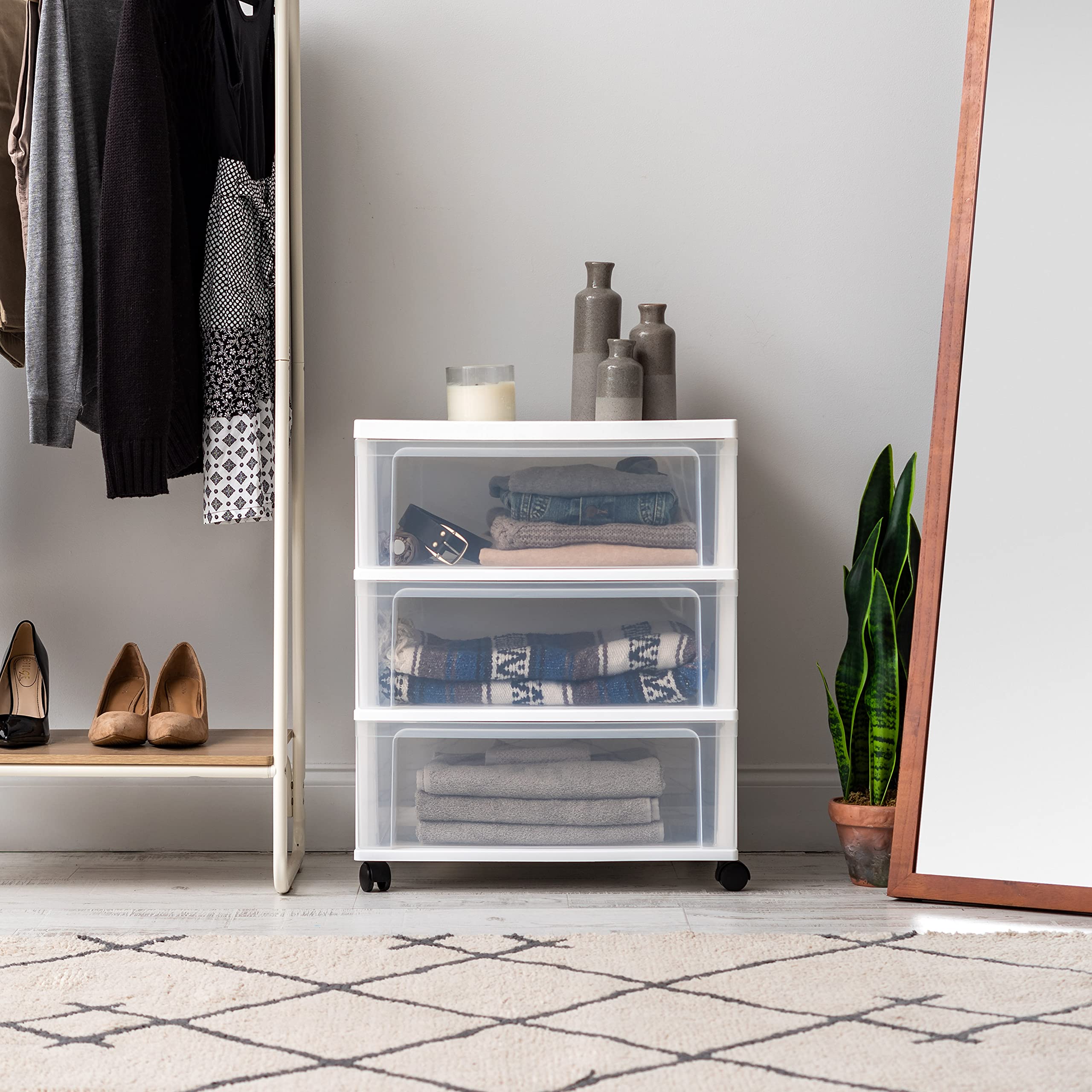 3-Drawer Rolling Storage Cart with Wheels - Plastic Organizer for Classroom, Bathroom, Dorm & Laundry Room - White/Clear - Perfect for Art Supplies, Craft Storage & Closet Organization