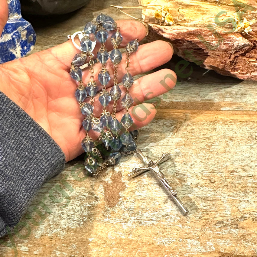 Vintage Blue Faceted Glass Bead Rosary - Handmade Catholic Prayer Beads for Meditation, Religious Gifts & Spiritual Jewelry - Perfect for Prayer, Worship & Faith-Based Decor
