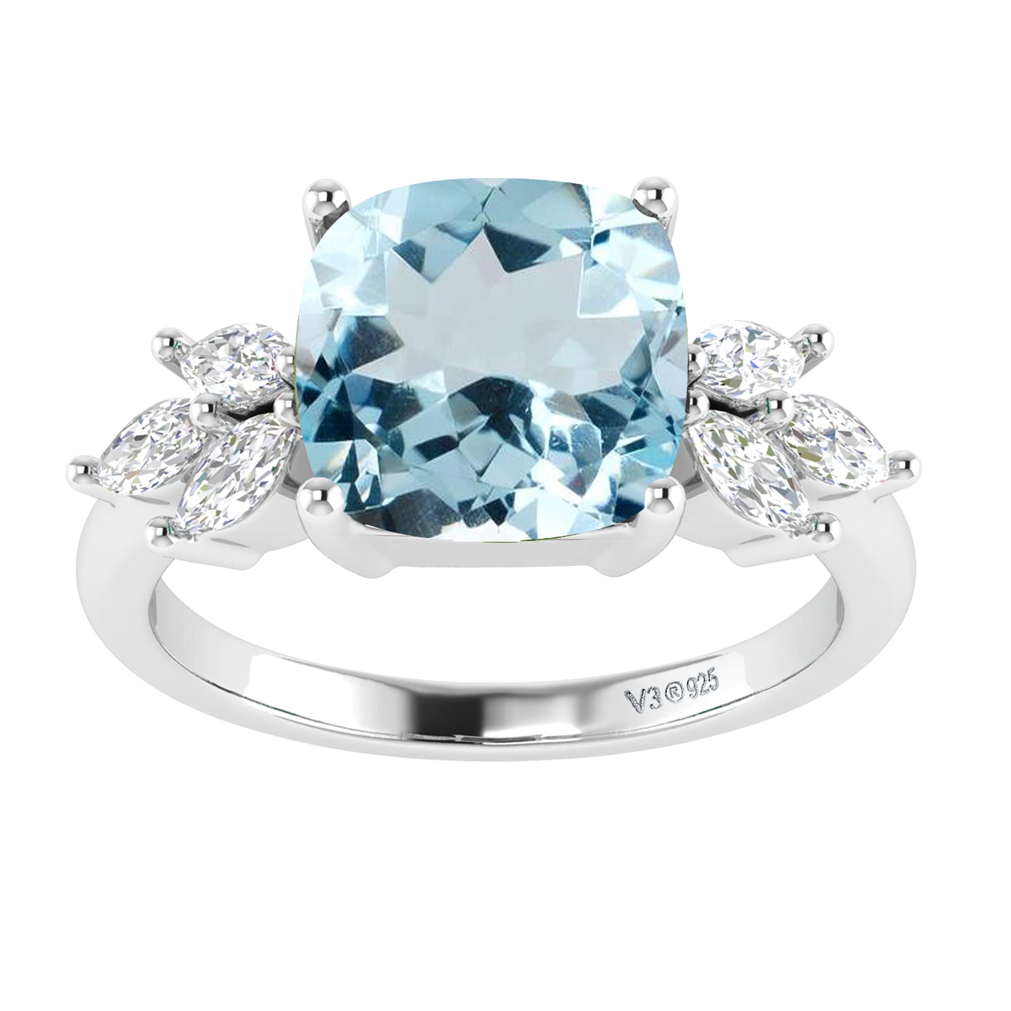 Natural Aquamarine & White Topaz Sterling Silver Seven Stone Ring – Elegant Jewelry for Women, Perfect for Weddings, Anniversaries & Special Occasions