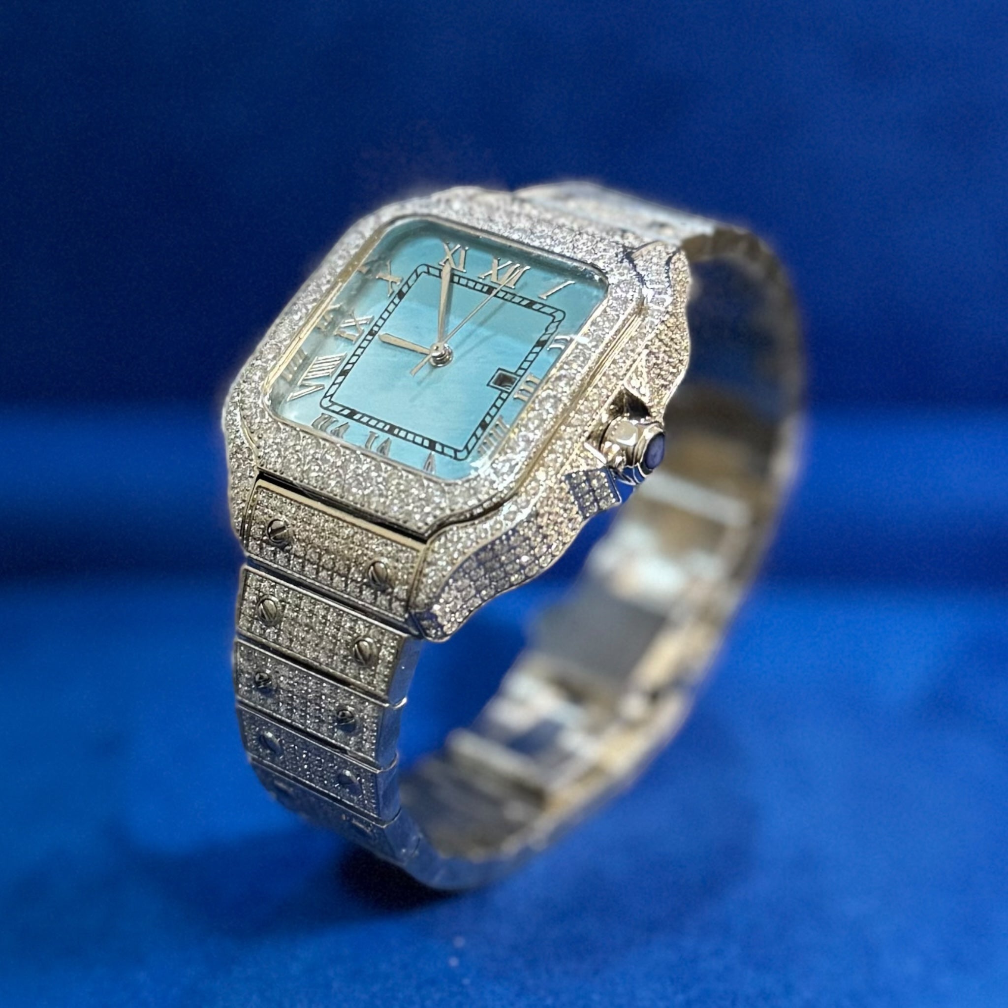 Moissanite Light Blue Dial Watch 37mm Automatic - Luxury Waterproof Wristwatch for Men & Women - Perfect for Formal Events, Weddings & Special Occasions