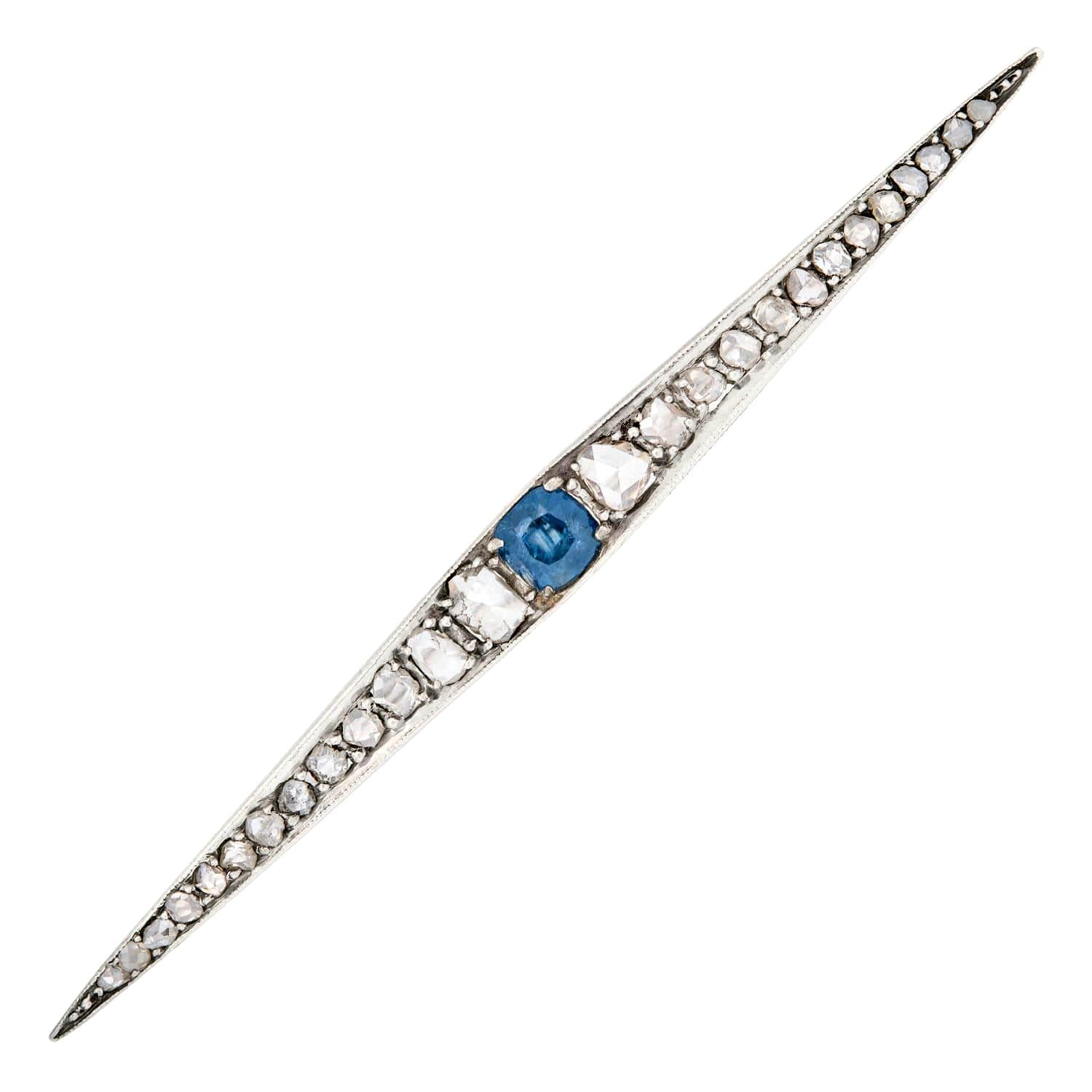 Victorian Style 18k Gold & Sterling Silver Sapphire and Diamond Graduated Bar Pin - Elegant Vintage Brooch for Women, Perfect for Weddings, Parties & Formal Occasions