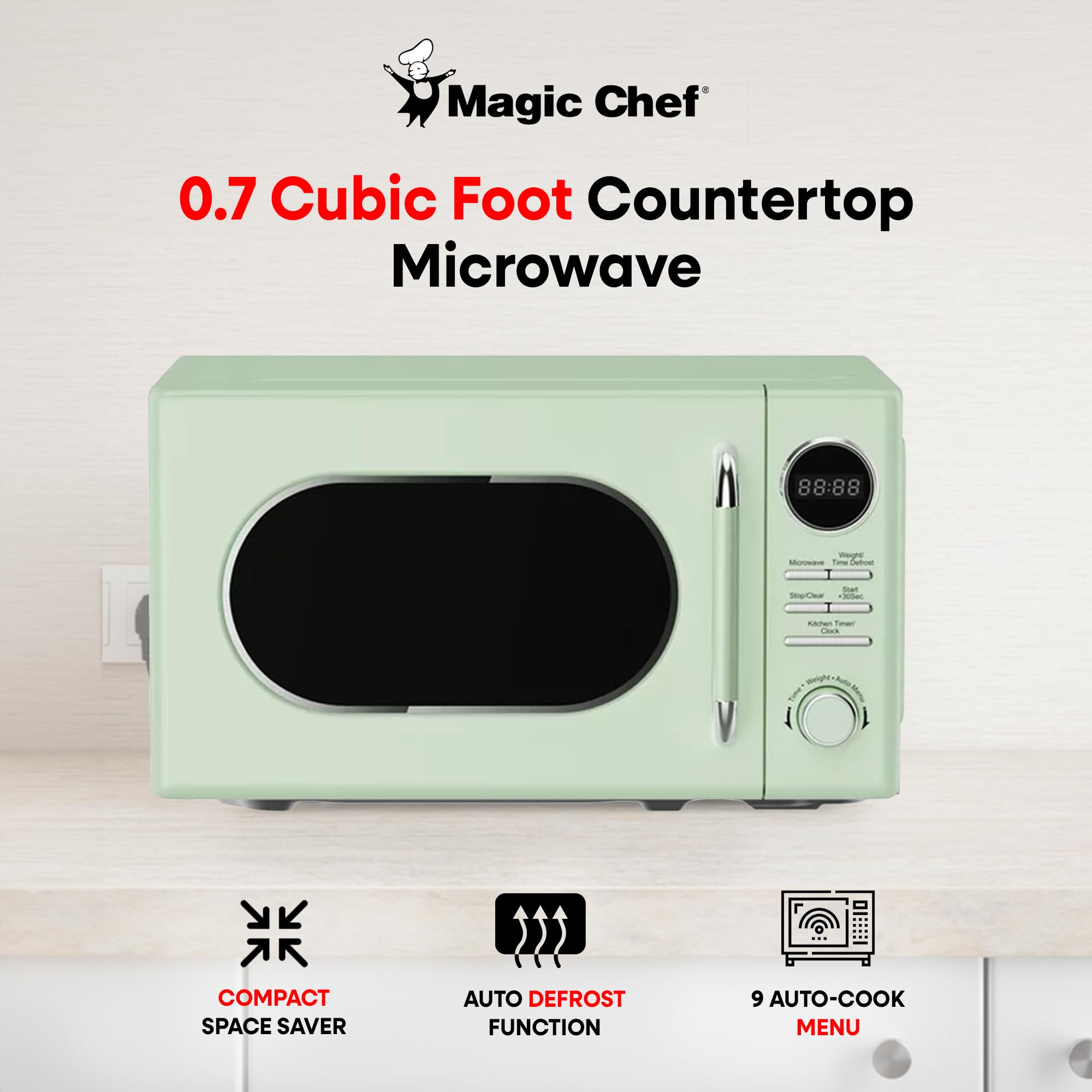 Magic Chef Retro Countertop Microwave Oven - 0.7 Cu Ft Compact Microwave with Classic Design in Green | Perfect for Small Kitchens, Dorms, Offices & RV Cooking