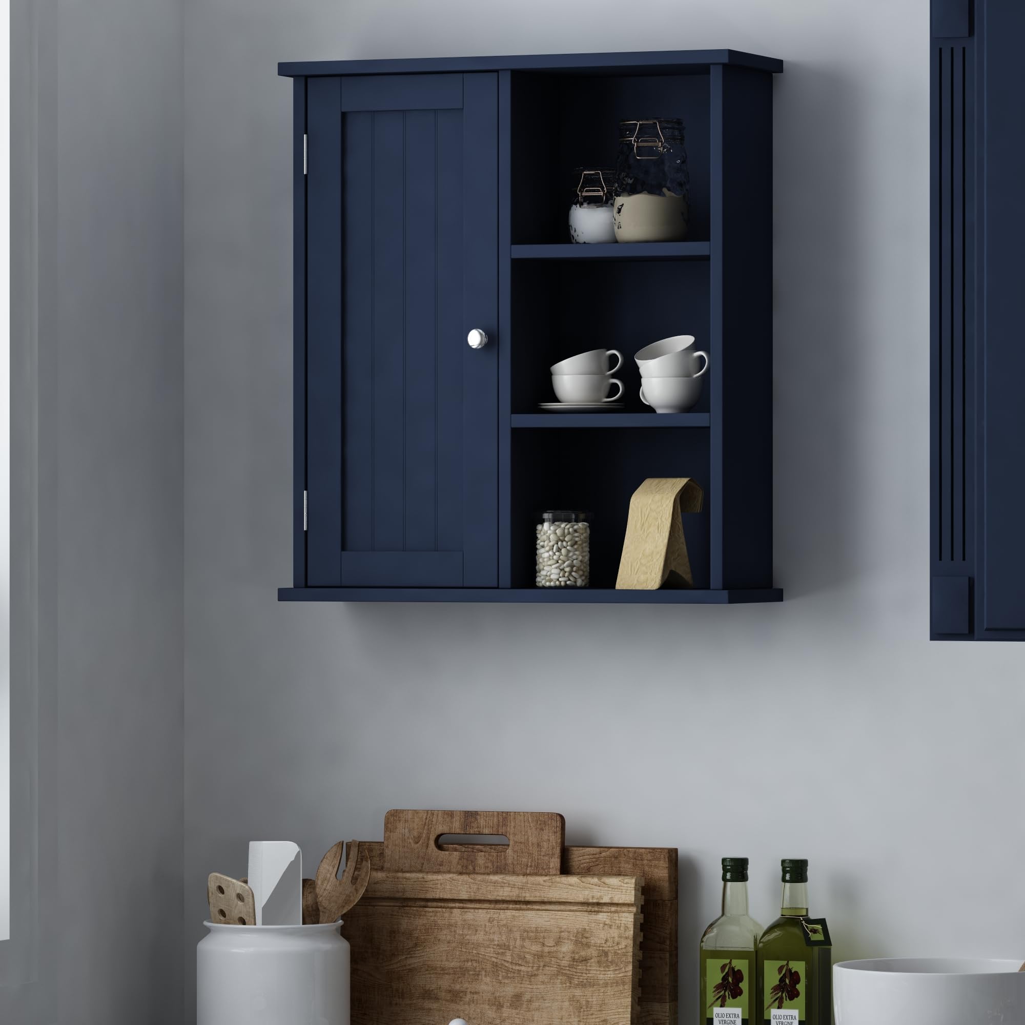 Treocho Wall Mounted Bathroom Medicine Cabinet with Door & 3 Open Shelves - Bathroom Storage Organizer for Toiletries, Kitchen Spices & Living Room Decor (Blue) - Perfect for Small Space Organization & Home Décor