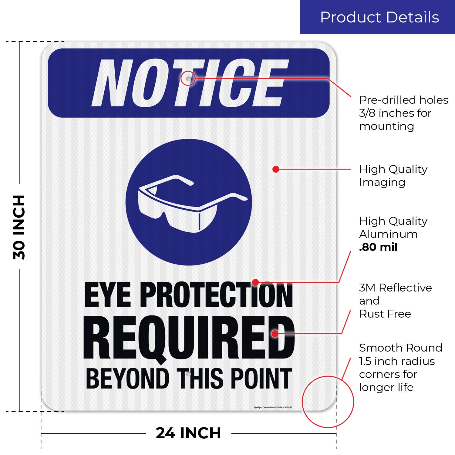 OSHA Compliant 'Eye Protection Required Beyond This Point' Safety Sign - 24x30 Inches, 3M EGP Reflective .080 Aluminum, Fade Resistant for Indoor/Outdoor Use - Made in USA | Perfect for Construction Sites, Factories & Hazardous Work Areas