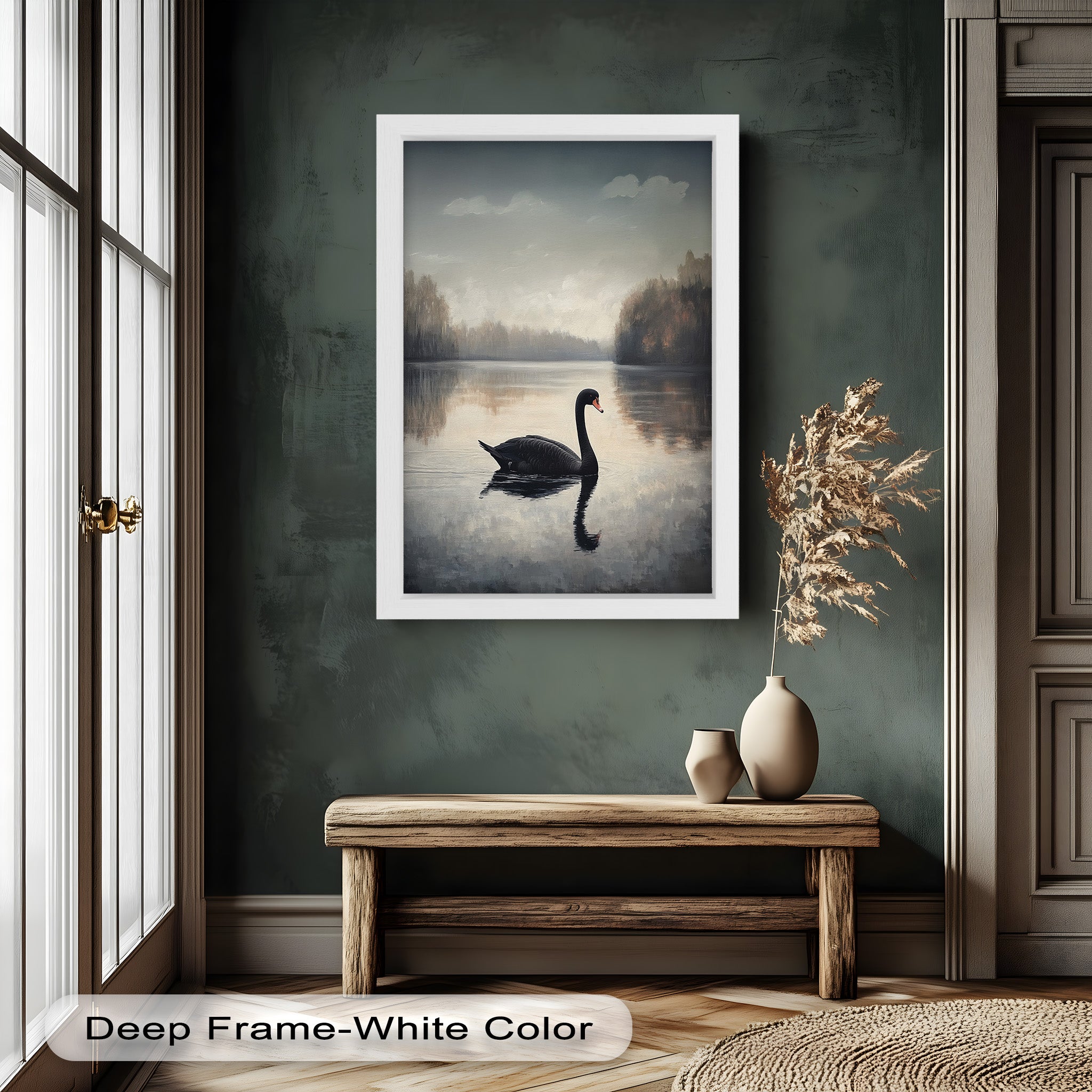 Black Swan at Dusk - Hand Painted Lake Landscape Oil Canvas Artwork - Perfect for Living Room, Bedroom, or Office Wall Decor